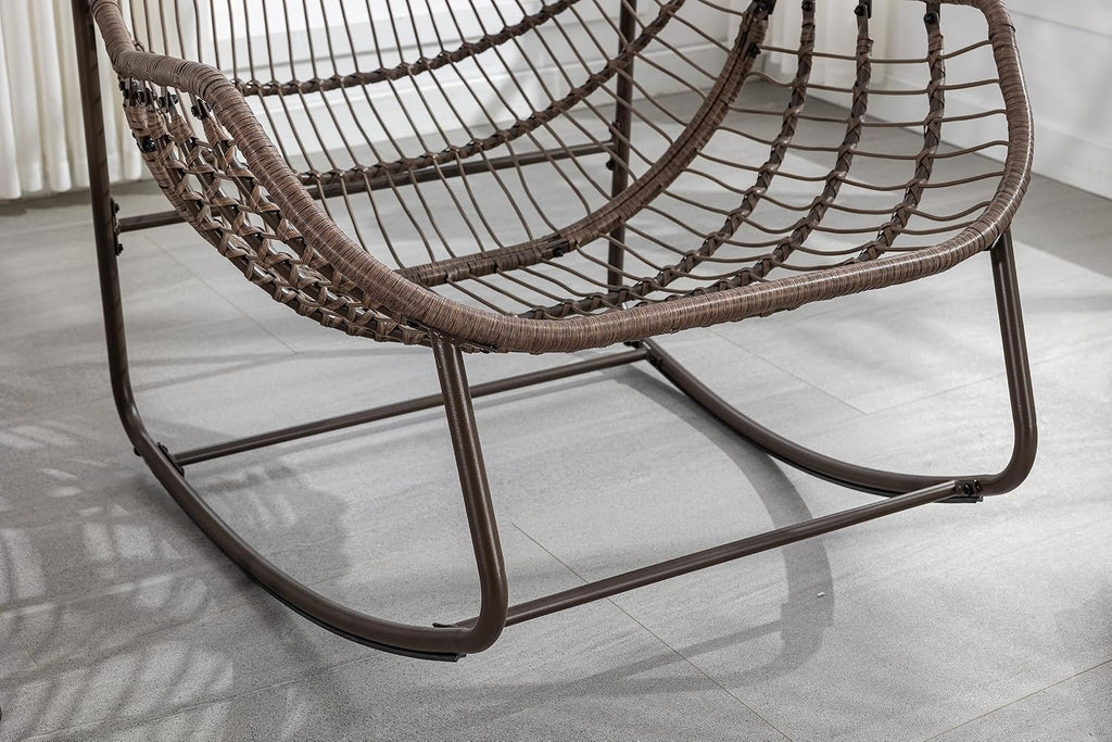 Oversized Indoor Outdoor Rocking Papasan Chair, Rattan Wicker Egg Rocking Chair with Steel Frame & Thick Olefin Cushion, Comfy Recliner Lounger for Patio, Backyard, Balcony, Garden,Olive Green