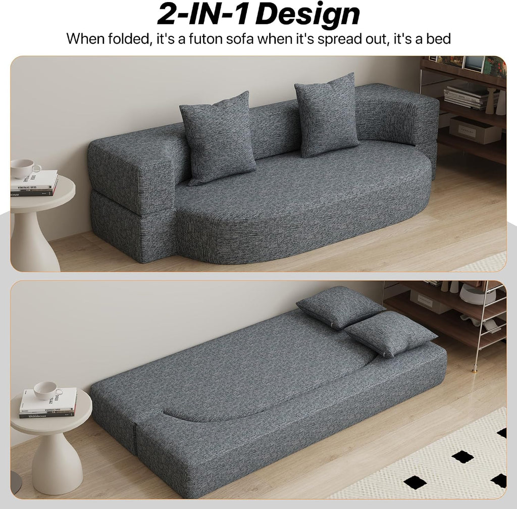 HENGJIANYI Folding Sofa Bed, Convertible Futon Sleeper Bed, 2-in-1 Foldable Floor Mattress with 2 Pillows, Breathable High-Density Foam Lazy Couch, Twin Size Comfy Lounge Chair, Dark Gray