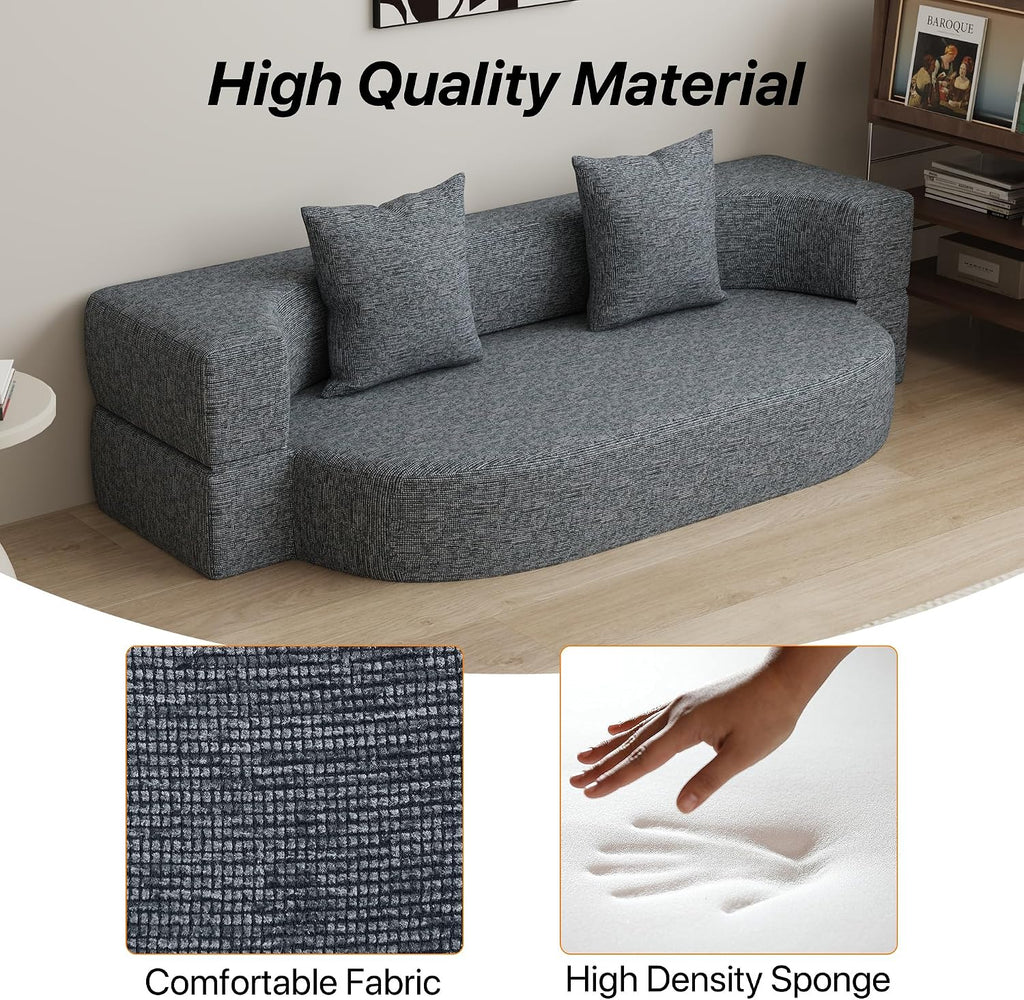 HENGJIANYI Folding Sofa Bed, Convertible Futon Sleeper Bed, 2-in-1 Foldable Floor Mattress with 2 Pillows, Breathable High-Density Foam Lazy Couch, Twin Size Comfy Lounge Chair, Dark Gray