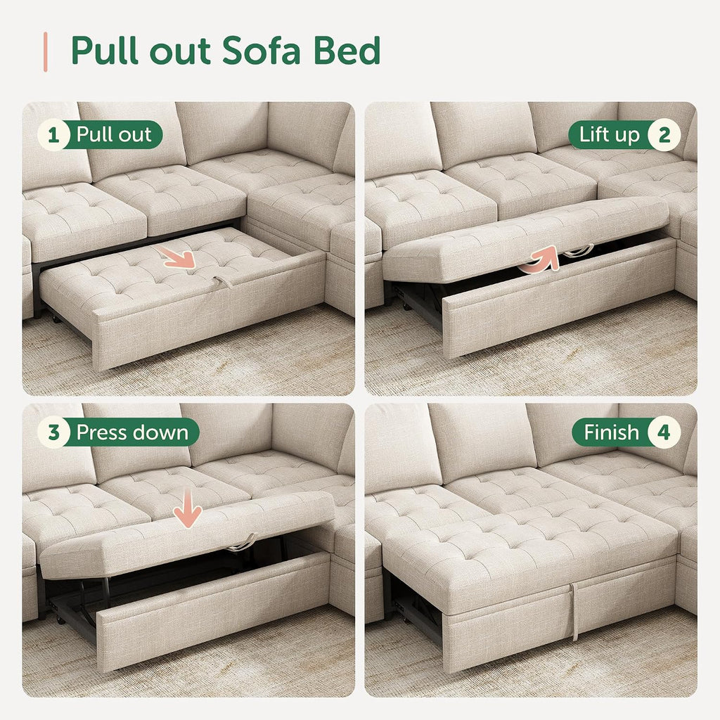 HONBAY Modular Sectional Sleeper Sofa with Pull Out Bed, Linen Convertible Sectional Couches for Living Room,Beige