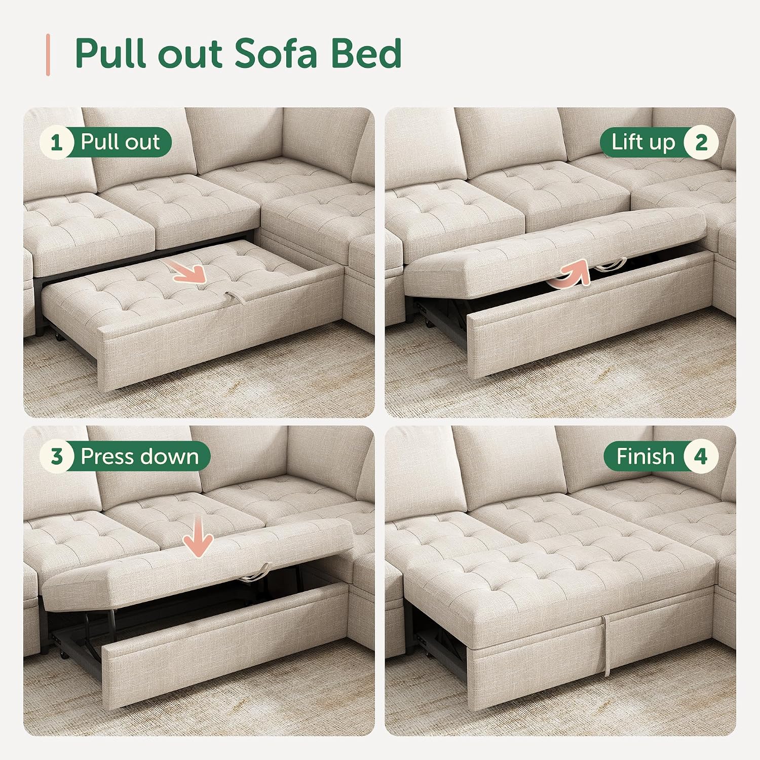 HONBAY Modular Sectional Sleeper Sofa with Pull Out Bed, Linen Convertible Sectional Couches for Living Room,Beige