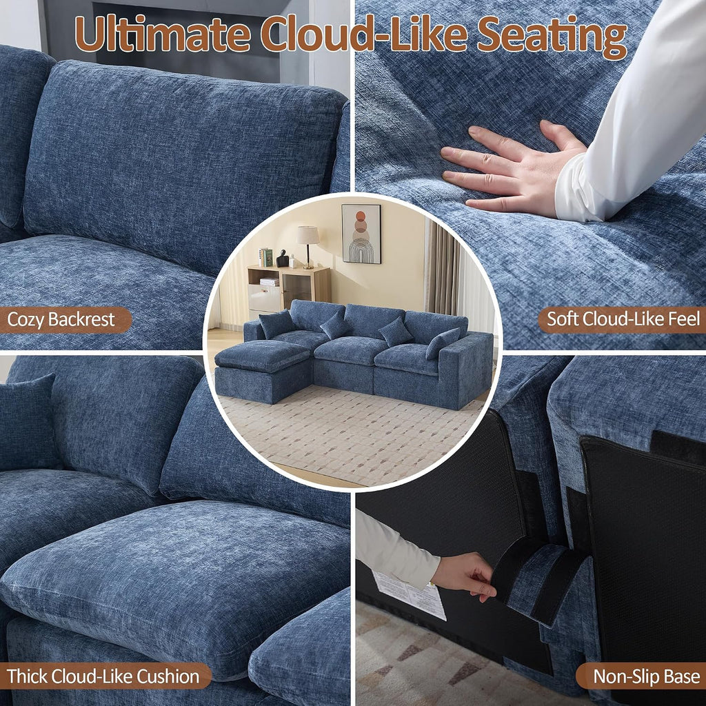 115''Cloud Boneless Sectional Couch, Modular Sectional Sofa Deep Seat with Ottoman, Oversized Upholstered Convertible Comfy 4 Seater Chenille Sofa L Shape Couches for Living Room, Blue