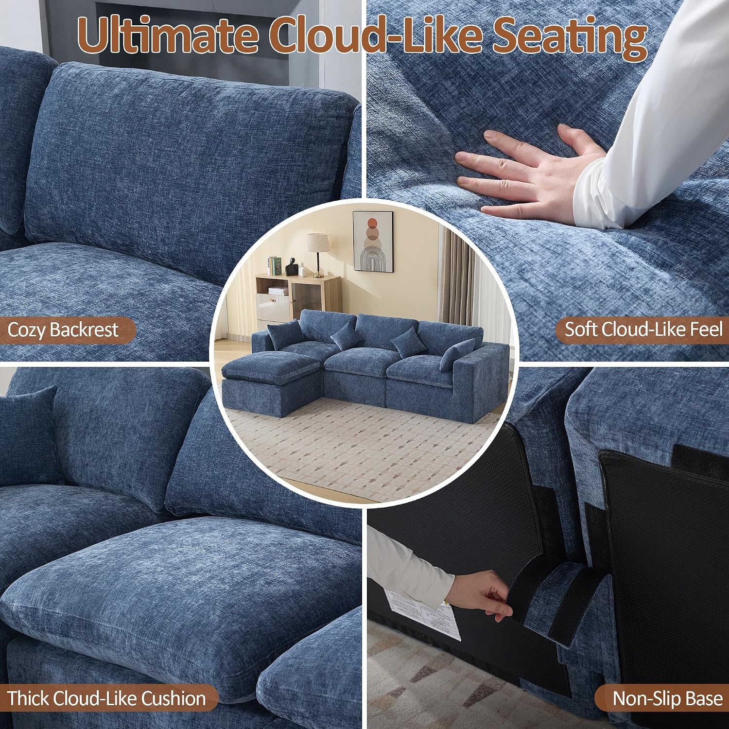 115''Cloud Boneless Sectional Couch, Modular Sectional Sofa Deep Seat with Ottoman, Oversized Upholstered Convertible Comfy 4 Seater Chenille Sofa L Shape Couches for Living Room, Blue