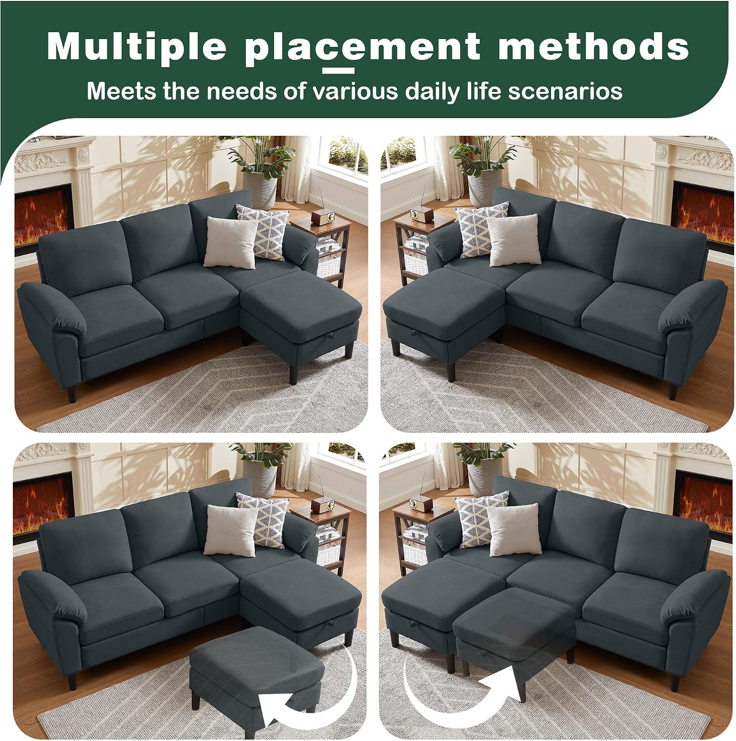 80' Convertible Sectional Sofa, Small L Shaped 3 Seat Couch with Reversible Storage Chaise, Modern Polyester Fabric Sofa Couches for Living Room, Apartment and Small Space, Dark Grey
