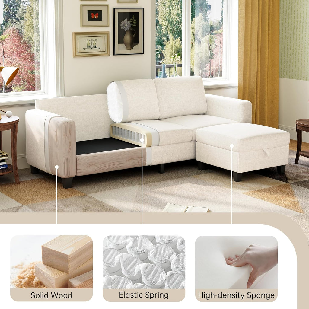 78' Sectional Sofa Couches for Living Room, Beige Convertible L Shaped Couch with Storage Ottoman, Deep Seat Pet-Friendly Linen Fabric Sofa Set for Small Space, Apartment, Dorm
