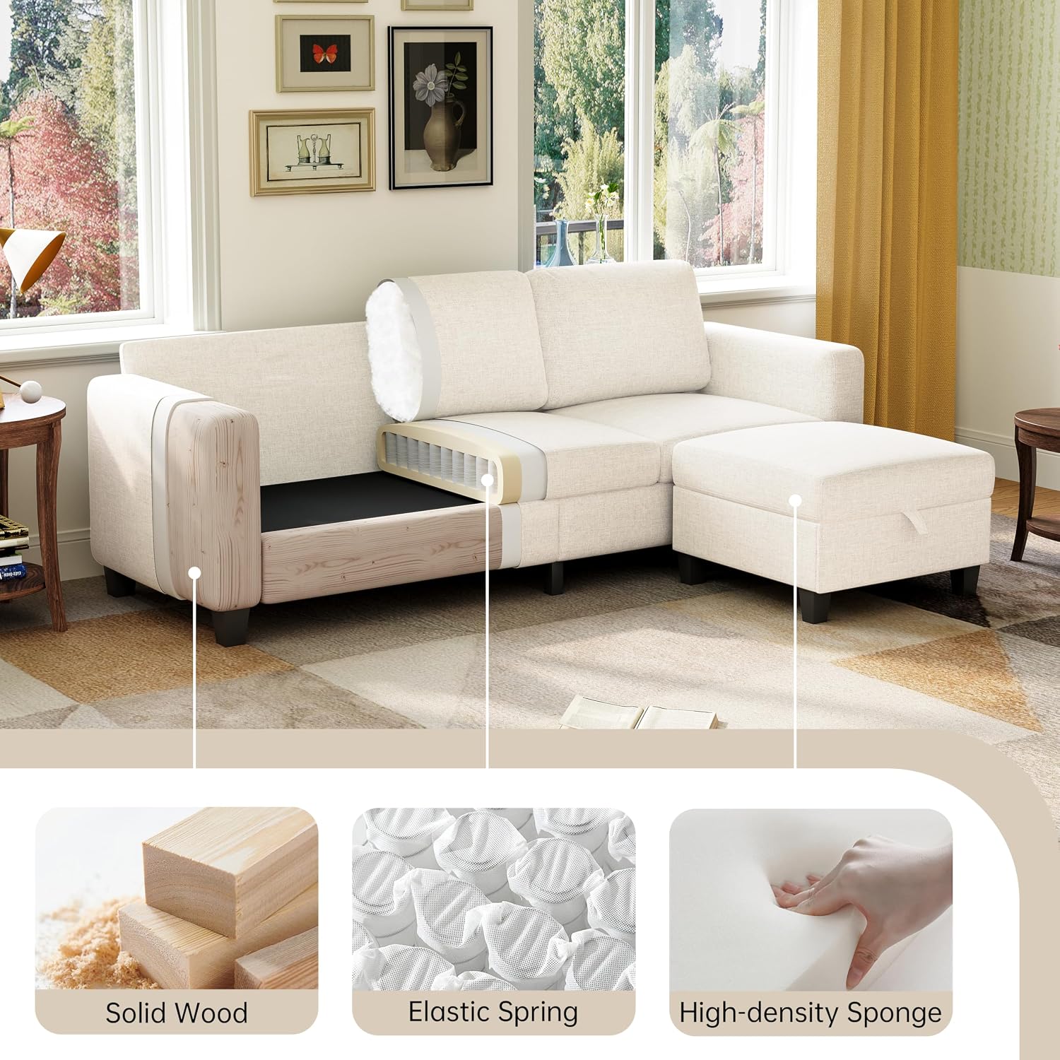78' Sectional Sofa Couches for Living Room, Beige Convertible L Shaped Couch with Storage Ottoman, Deep Seat Pet-Friendly Linen Fabric Sofa Set for Small Space, Apartment, Dorm