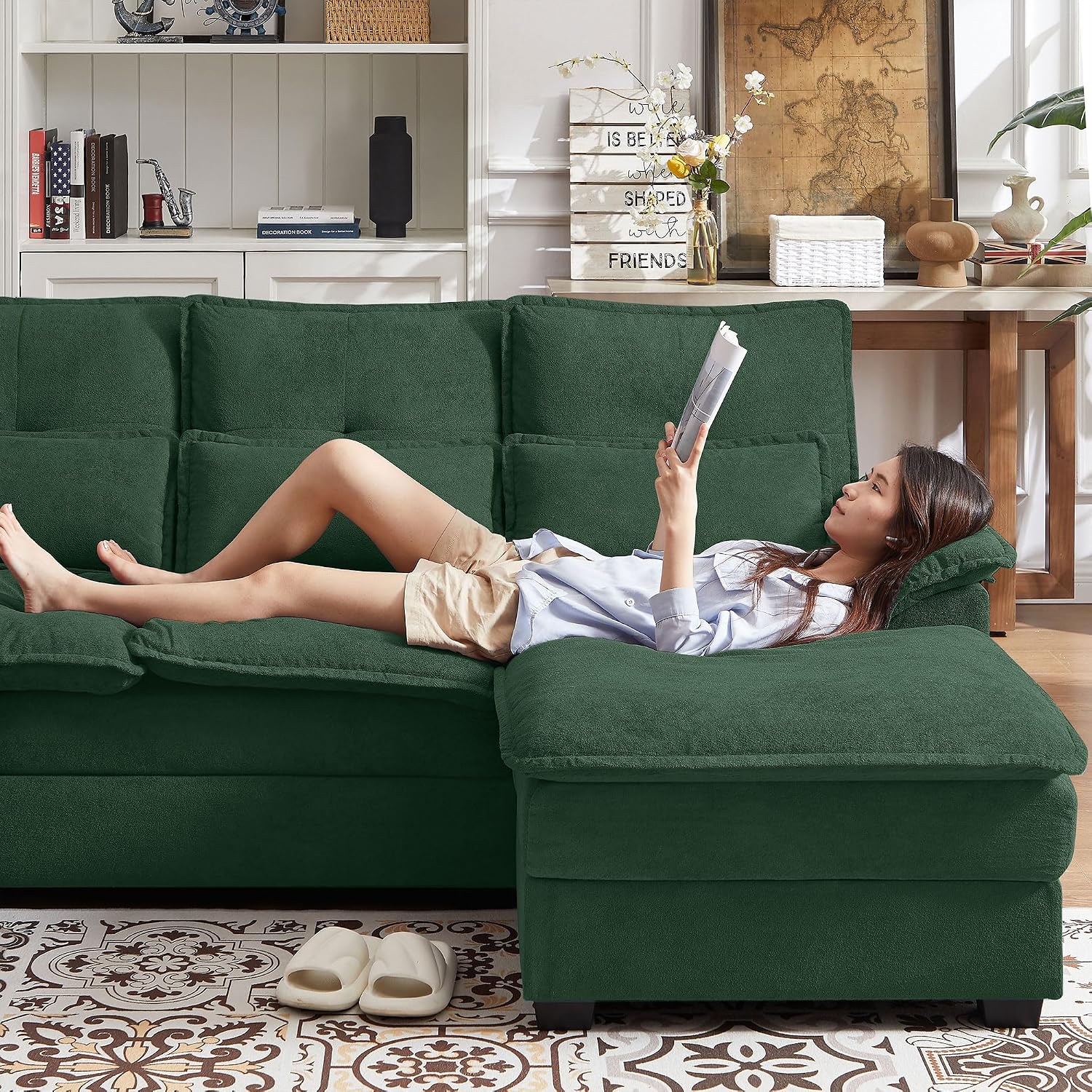110' Comfy Cloud Couch Sectional Sofa with Lumbar Pillows, Modern U-Shaped Cloud Sofa with Double Chaise & Deep Seat for Living Room, or Office, Easy Assembly, Dark Green