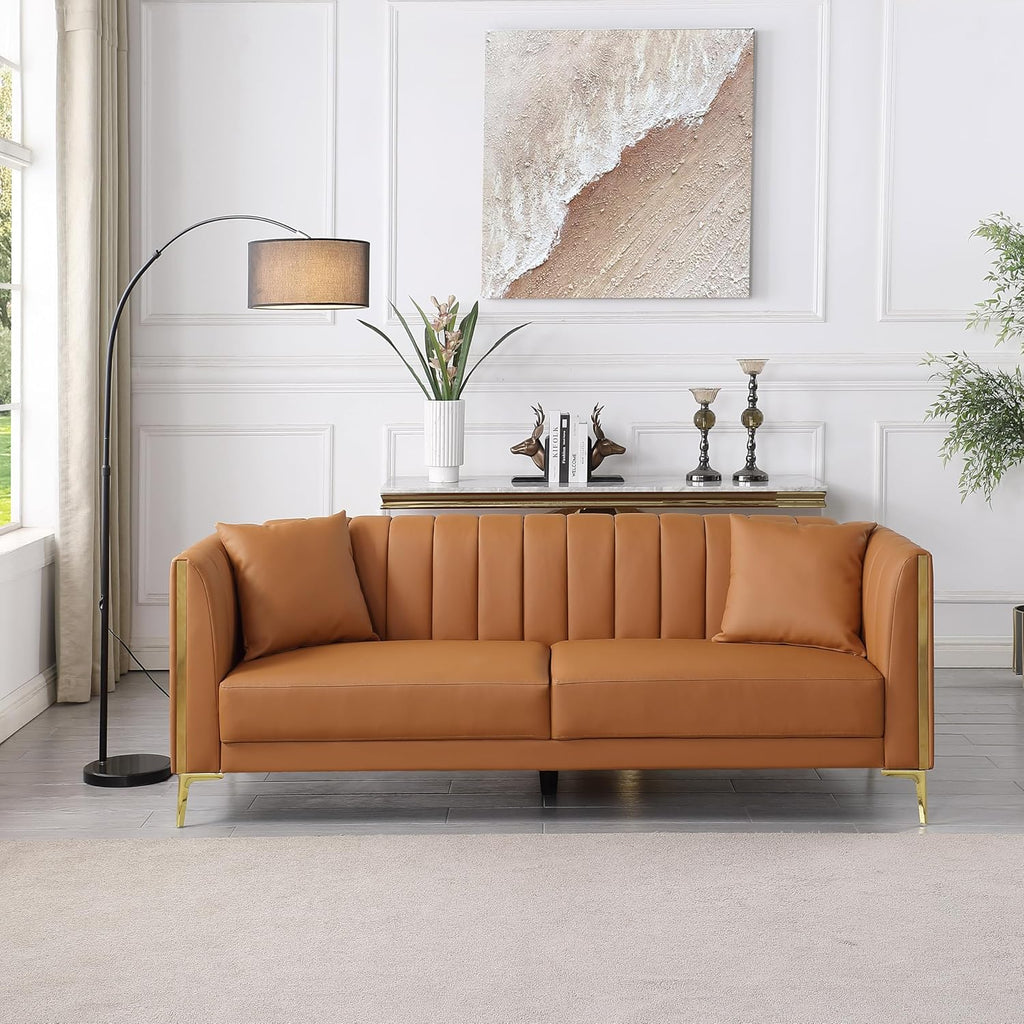 FOTOSOK Leather Couch Sofa, Office Couches 78'' Apartment Faux Leather Sofa with 2 Throw Pillows & Gold Metal Legs, Waterproof 3 Seater Couches for Small Living Room, Affordable Luxury Design