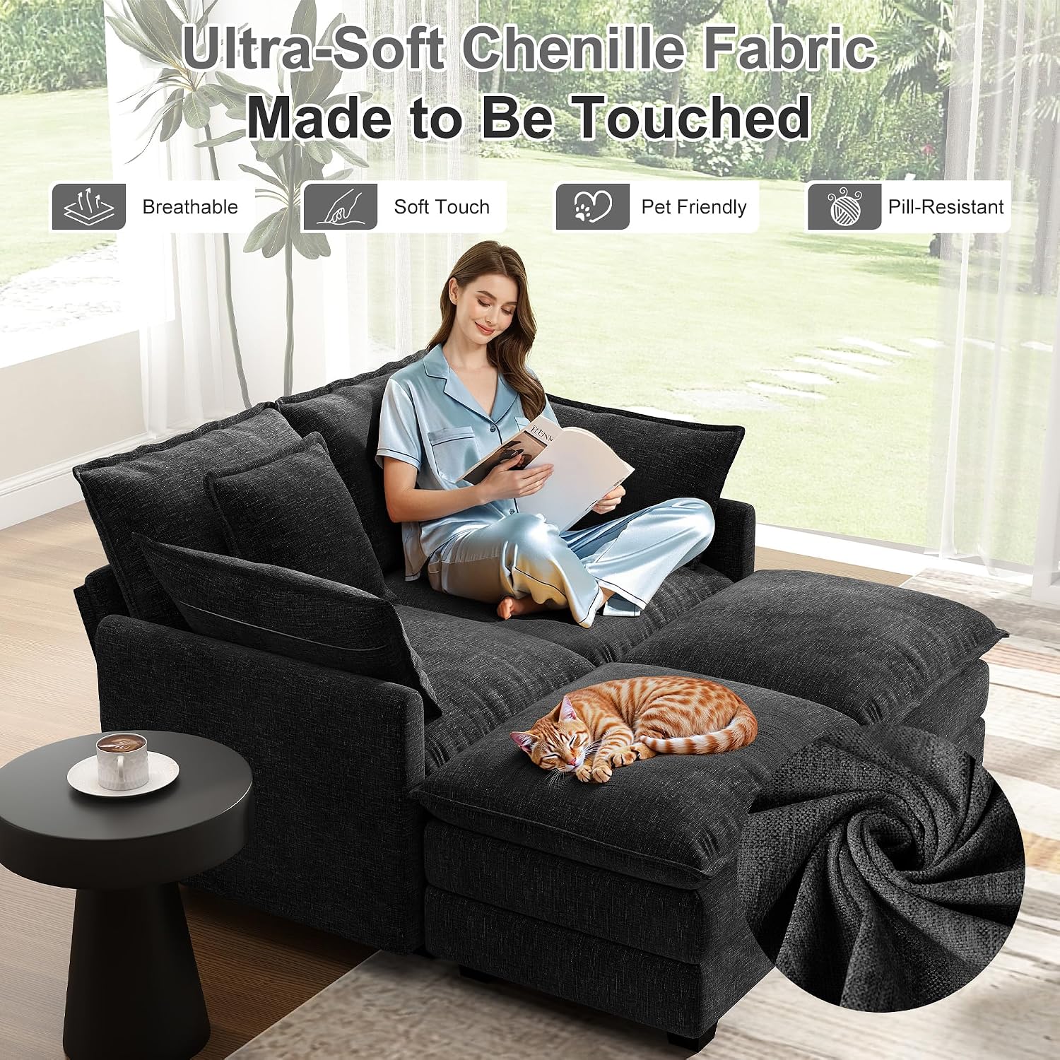 58' Cloud Couch Loveseat, Deep Seat Modular Sectional Sofa with 4 Removable Washable Pillows and 2 Ottoman for Living Room, Bedroom, Apartment, Black