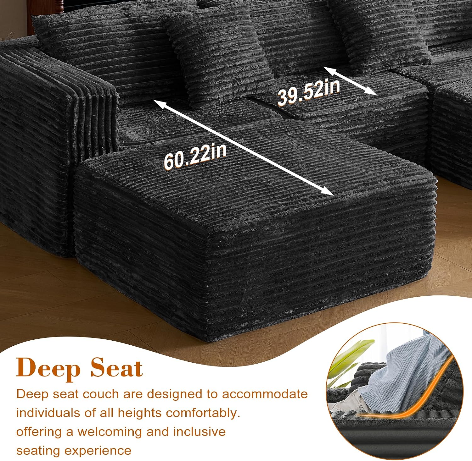110 Corduroy Modular Sectional Boneless Sofa with 2 Ottomans, Convertible Cloud Couch with Deep Seats, Fluffy Memory Foam U Shaped Couch for Living Room, No Assembly Required (Black)