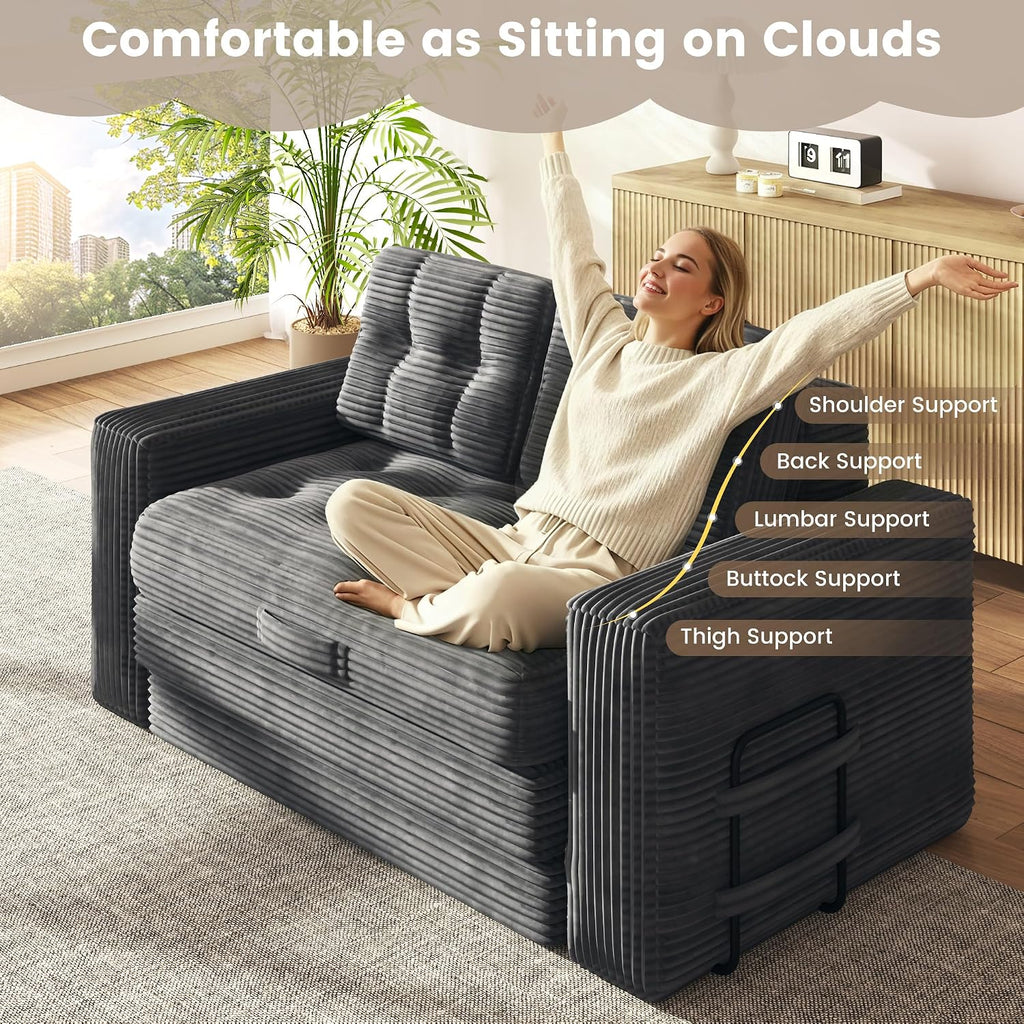 Convertible Sofa Bed, 2 in 1 Boneless Couch Bed with 2 Pillows, Corduroy Pull out Couch Folding Sofa Bed with Deep Seat, Small Loveseat Sleeper Sofa Bed in a Box for Small Spaces, No Assembly Required