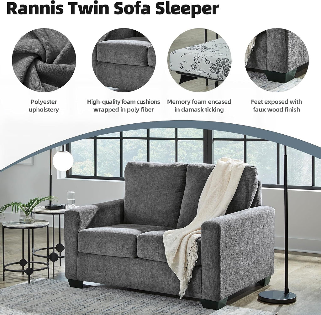 Signature Design by Ashley Rannis Casual 2-in-1 Sofa Sleeper with Folding Gel Memory Foam Mattress, Twin, Gray