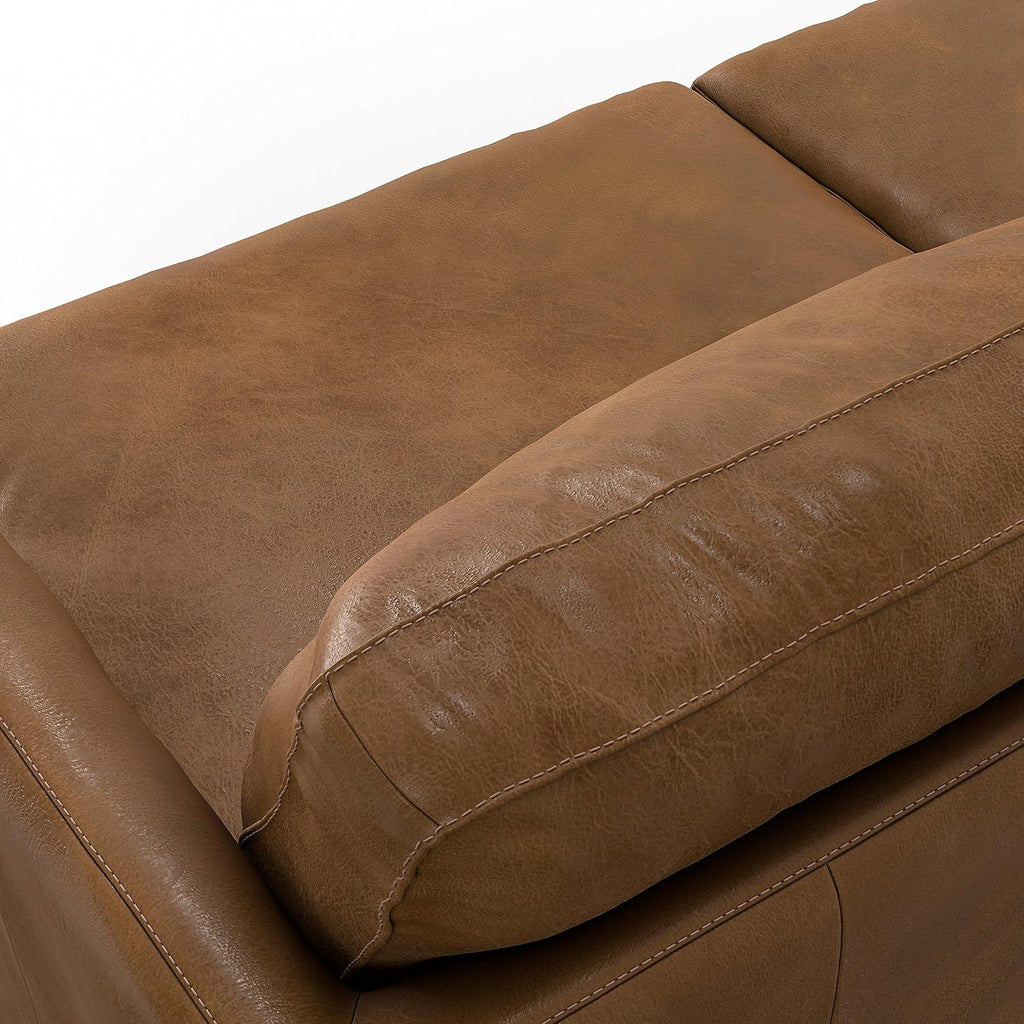 SIMPLIHOME Livingston Sofa - 76' Wide x 33' High Top Grain Genuine Leather Sofa in Caramel Brown, Mid-Century Modern Loveseat with Removable Feather-Wrapped Cushions and Solid Wood Frame