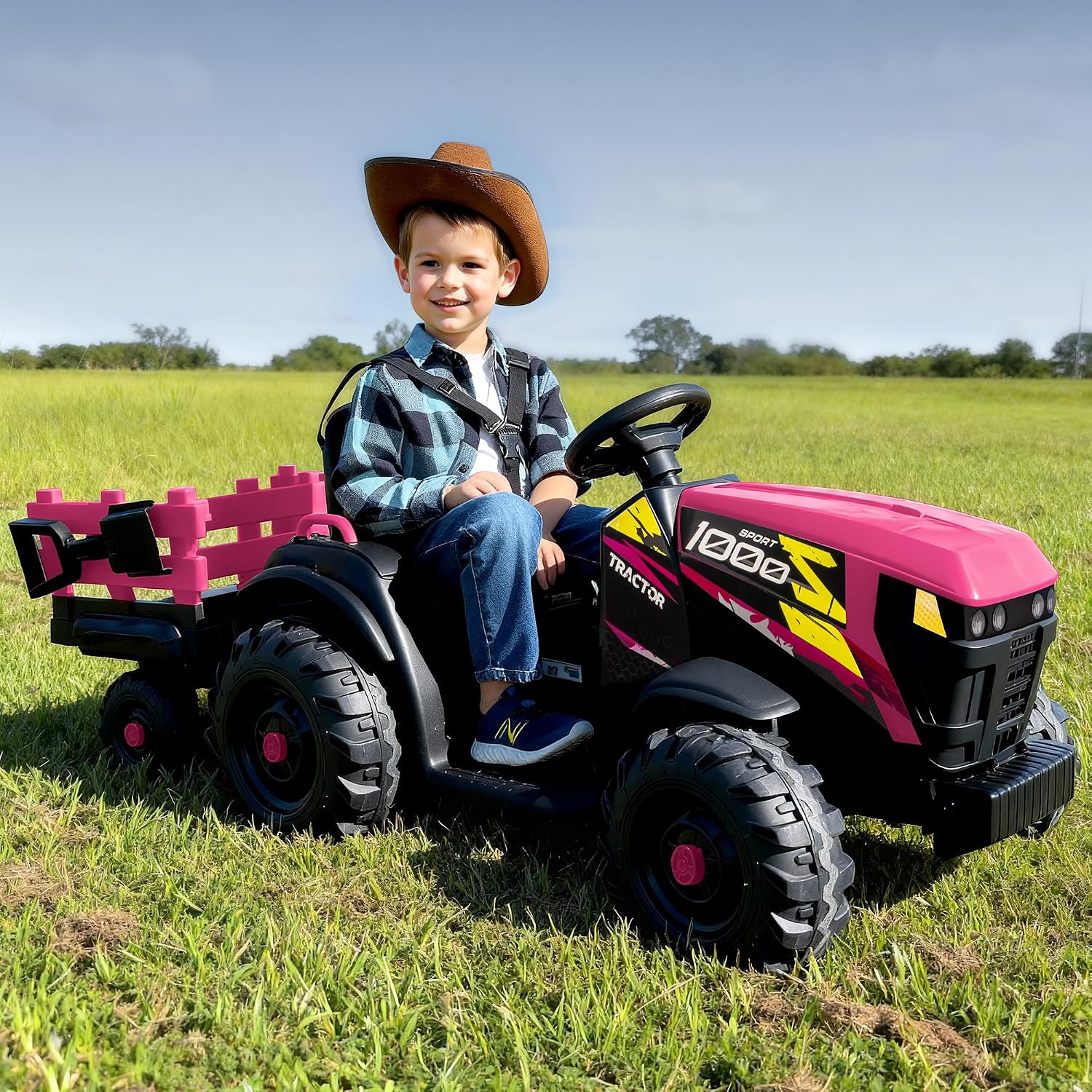Hikiddo 24V Kids Ride on Tractor Toy, Electric Tractor for Kids 3-8 with Trailer, 2x200W Motors - Hot Pink