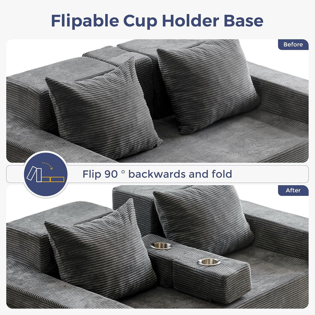 MAXYOYO Loveseat Sofa Bed, 64' Foldable Floor Sofa Couch in A Box with 2 Cup Holders, 4 in 1 Convertible Boneless Couch Folding Recliner Sleeper Chair for Living Room,Charcoal Grey