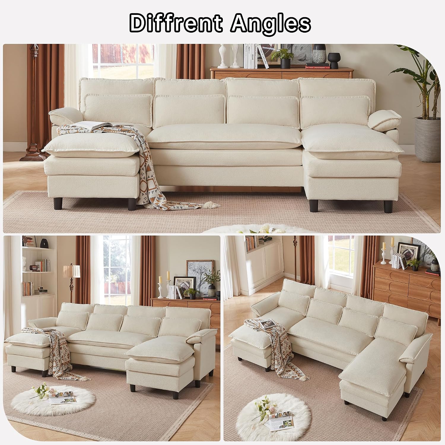 Comfy Cloud Couch Sectional Sofa with Lumbar Pillows, 105' Modern U-Shaped Cloud Sofa with Double Chaise & Deep Seat, Sectional Couches for Living Room, Office, Easy Assembly, Beige