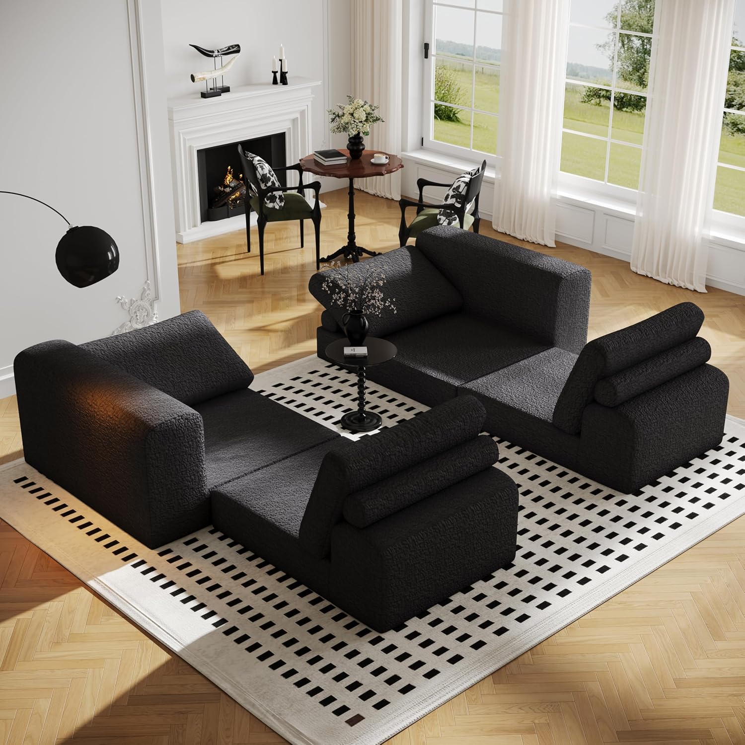 Cloud Modular Sectional Sofa, DIY Combination Modular Couch for Living Room, Unique Knitted Fabric Love Seat Couches with 2 Pillows, 2 Seater Comfy Sectional Couch with No Assembly (Black)