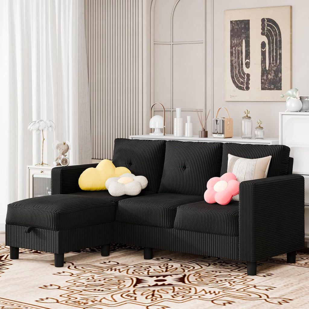 SUNLEI Convertible Sectional Couch Sofa for Small Spaces, L Shaped Modular Sofa with Removable Ottoman Storage, 3 Seat Modern Small Couches for Living Room in Apartment, Black