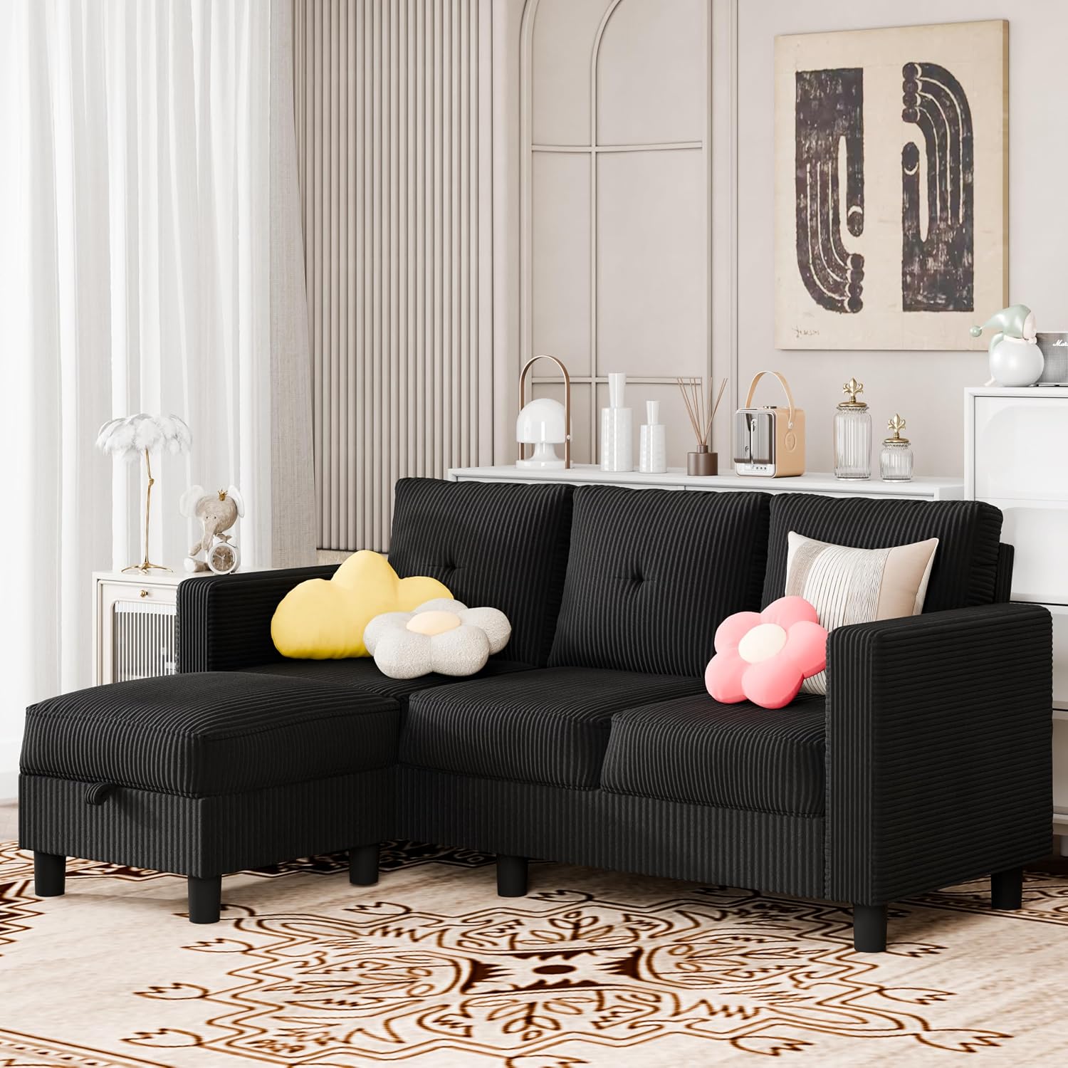 SUNLEI Convertible Sectional Couch Sofa for Small Spaces, L Shaped Modular Sofa with Removable Ottoman Storage, 3 Seat Modern Small Couches for Living Room in Apartment, Black