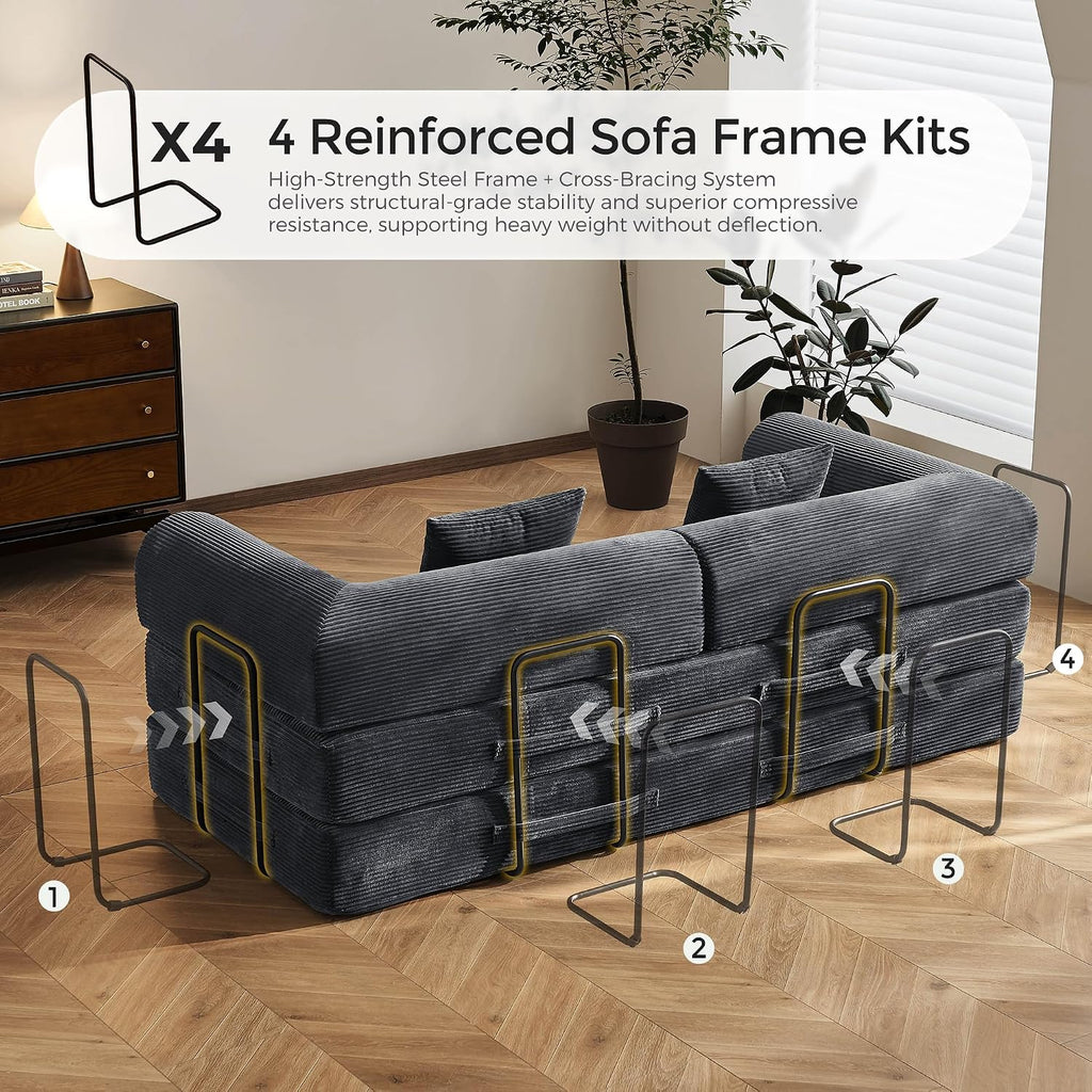 79' Convertible Sofa Bed with Fixed-Shape Frame & Removable Armrests, Modular Corduroy Sleeper Sofa, Folding Mattress Couch for Small Spaces - No Assembly Needed in Dark Gray (Includes 2 Pillows)