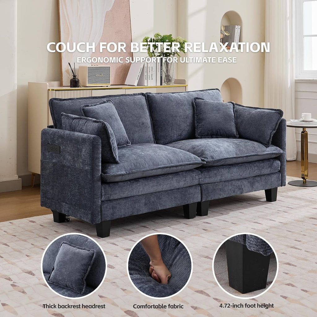 Modular Sectional Sofa, 75' Loveseat Modern Couches for Living Room, Comfy Cloud Couch with Deep Seat for Office and Apartment, with Charger, USB & Type-c Port, Blue Chenille Fabric