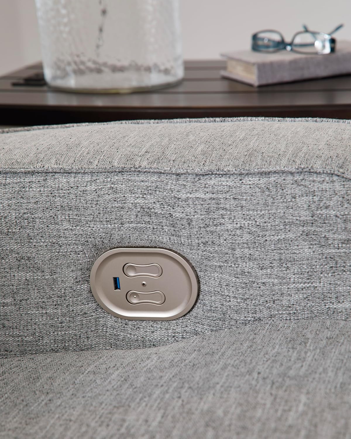 Signature Design by Ashley Biscoe Casual UV Resistant Power Reclining Loveseat with Console, Adjustable Headrest and USB Ports, Light Gray