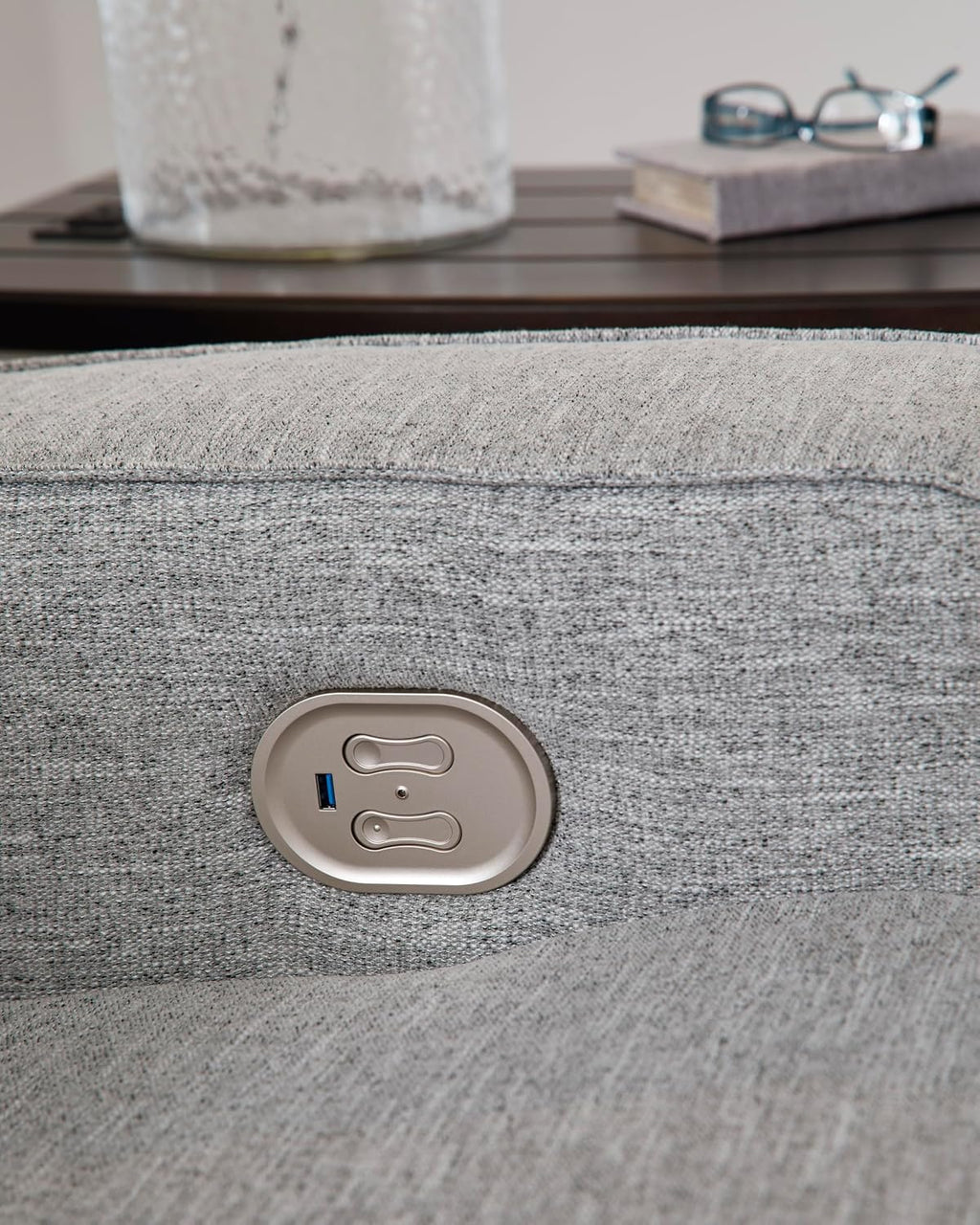 Signature Design by Ashley Biscoe Contemporary Power Recliner with Adjustable Headrest, USB Charging, Cleanable Performance Fabric, 21' Seat Height, Gray