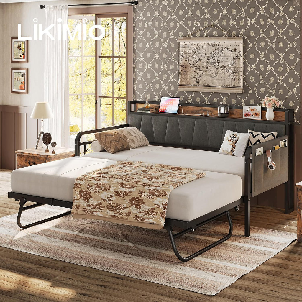 LIKIMIO Twin Daybed, Day Bed with Trundle, Storage Upholstered Headboard and Charging Station, Trundle Bed with Strong Supports for Living Room, Bedroom, and Guest Room, Grey