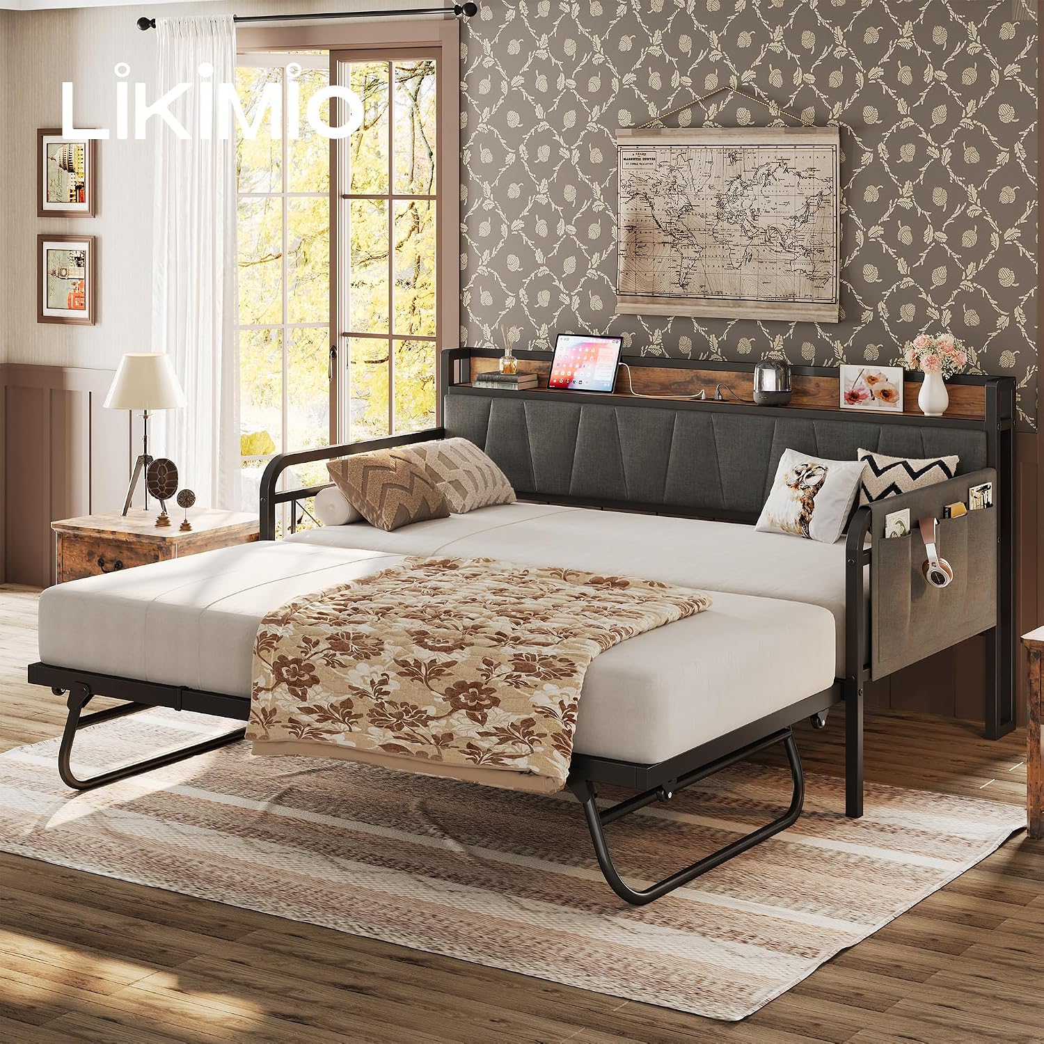 LIKIMIO Twin Daybed, Day Bed with Trundle, Storage Upholstered Headboard and Charging Station, Trundle Bed with Strong Supports for Living Room, Bedroom, and Guest Room, Grey