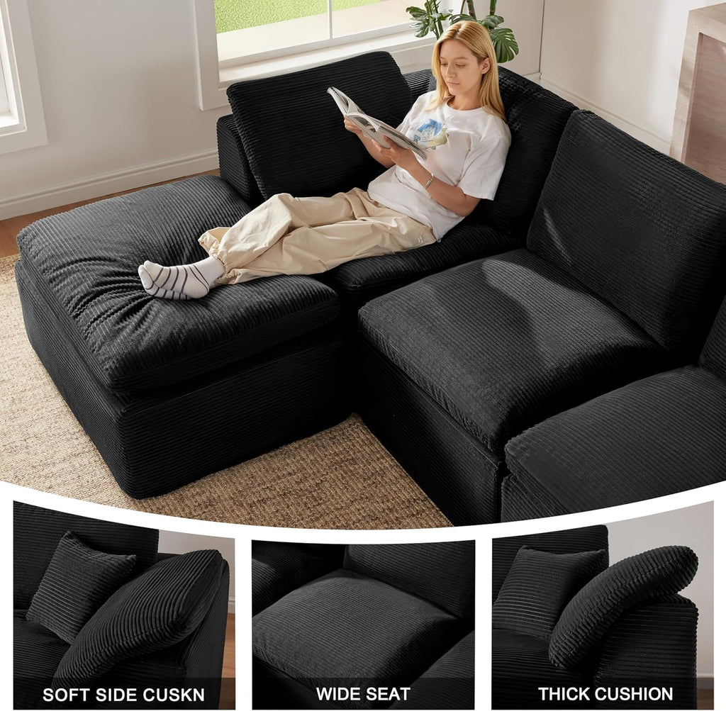 112' Cloud Sectional Couch, Boneless Couches for Living Room, U Shaped Couch with Convertible Ottoman, Modular Sectional Sofa with Deep Seat, Comfy Soft Cushions, No Assembly, Black