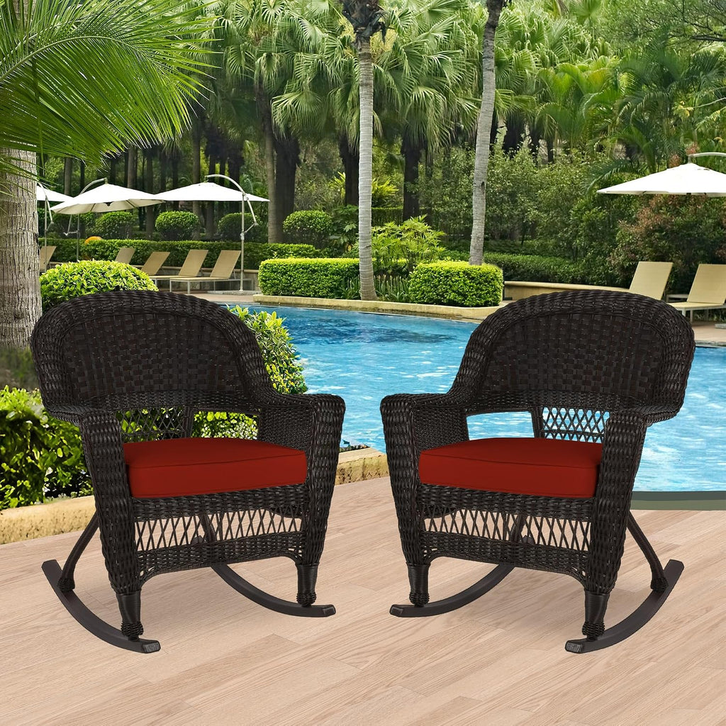Jeco Rocker Wicker Chair with Red Cushion, Set of 2, Espresso