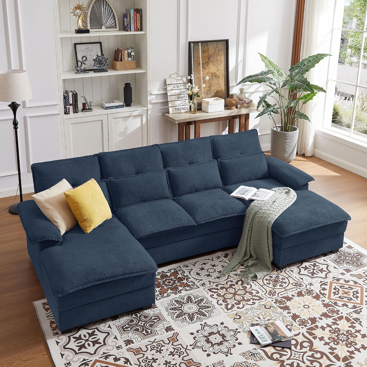 110' Comfy Cloud Couch Sectional Sofa with Lumbar Pillows, Modern U-Shaped Cloud Sofa with Double Chaise & Deep Seat for Living Room, or Office, Easy Assembly, Dark Blue