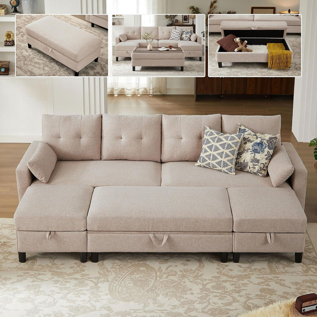 Convertible Sectional Sofa with Storage Ottoman Bench, 101' U Shaped Couch 4-Seat Sofa Set for Living Room/Apartment, Sectional Couch with Movable Ottoman, Beige