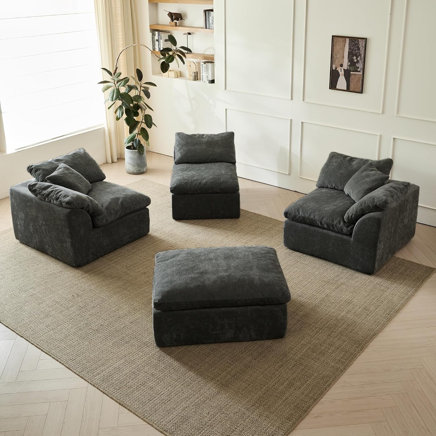 109' Cloud Sectional Couches for Living Room, Convertible L-Shape Boneless Couch with Ottoman, 3 Seater Compression Sofa Bed Modular Sectional Sofa (Black)