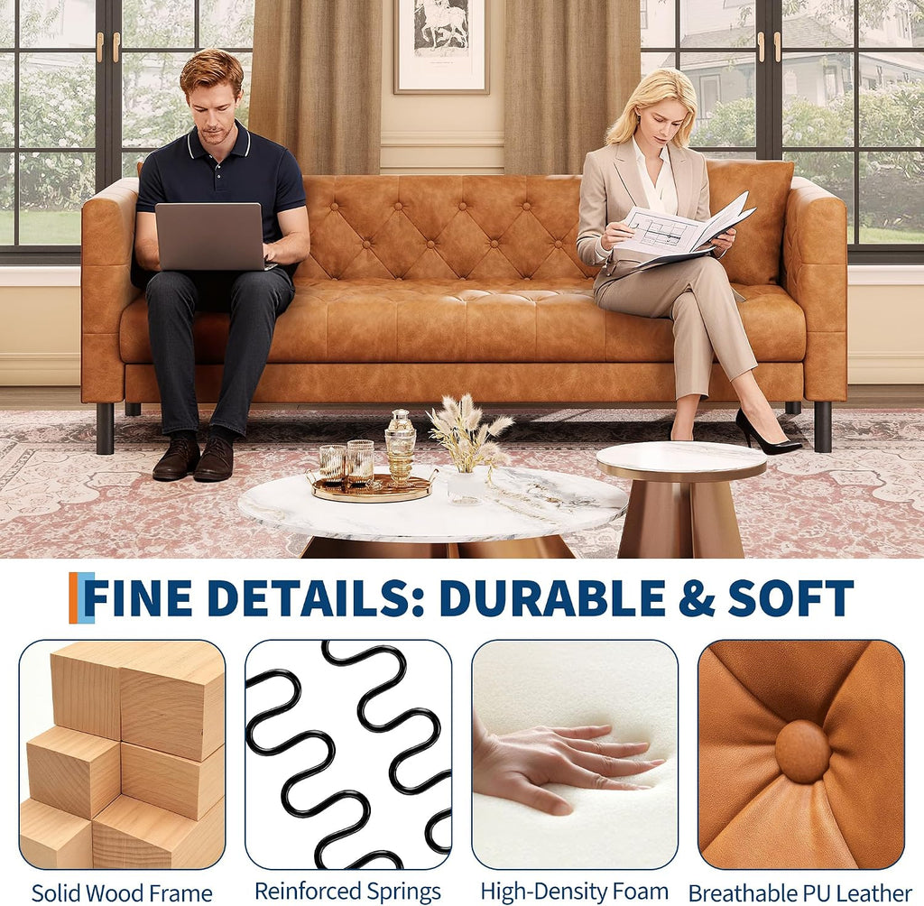 Garvee 81 Inch Leather Couch for Living Room, Modern Leather Sofa with Deep Seat, Handmade Button Tufted Sofa, Chesterfield 3 Seat Couch for Apartment, Office, Cognac Tan