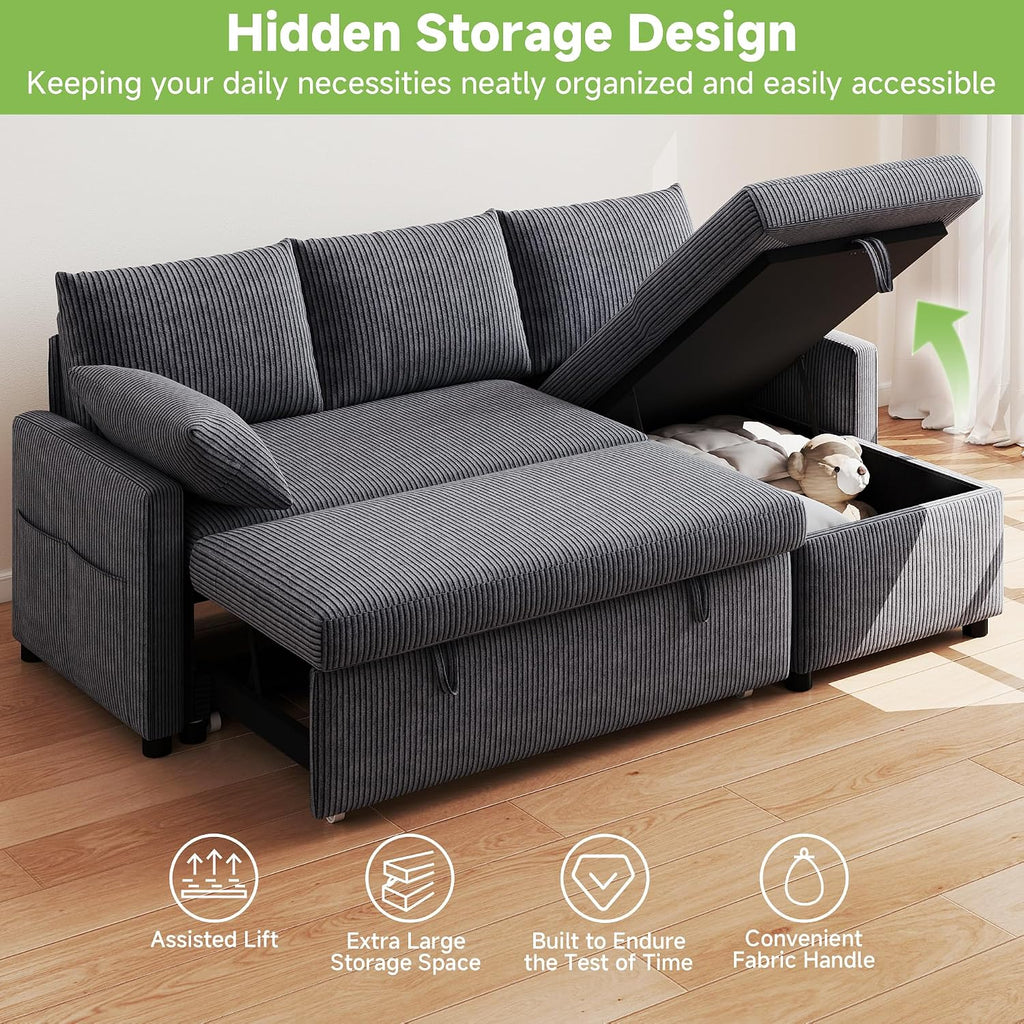 Real Relax 80'' Sofa Bed, L Shaped Corduroy Sleeper Sofa Couch with Pull Out Bed and Chaise Storage for Living Room, Apartment and Office, Dark Gray
