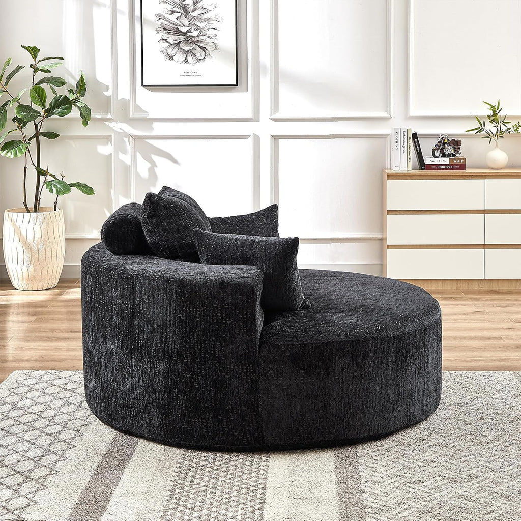 Oversized Round Chaise Longue Chair Indoor, Modern 55-inch Upholstered Chenille Deep Seat Circle Single Cloud Lounge Floor Sofa Chair for Living Room, Bedroom Apartment, Black