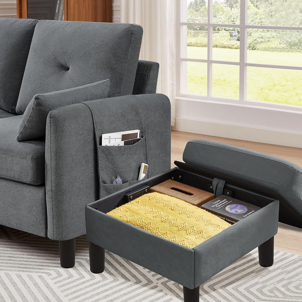 Convertible Sectional Sofa, 77' Small L Shaped 3 Seat Couch with Reversible Storage Chaise, Modern Polyester Fabric Sofa Couches for Living Room, Apartment and Small Space, Dark Grey