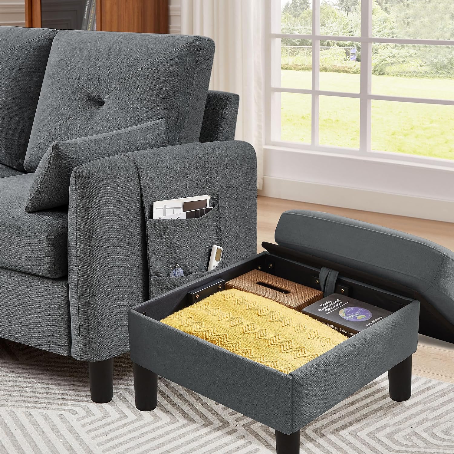 Convertible Sectional Sofa, 77' Small L Shaped 3 Seat Couch with Reversible Storage Chaise, Modern Polyester Fabric Sofa Couches for Living Room, Apartment and Small Space, Dark Grey