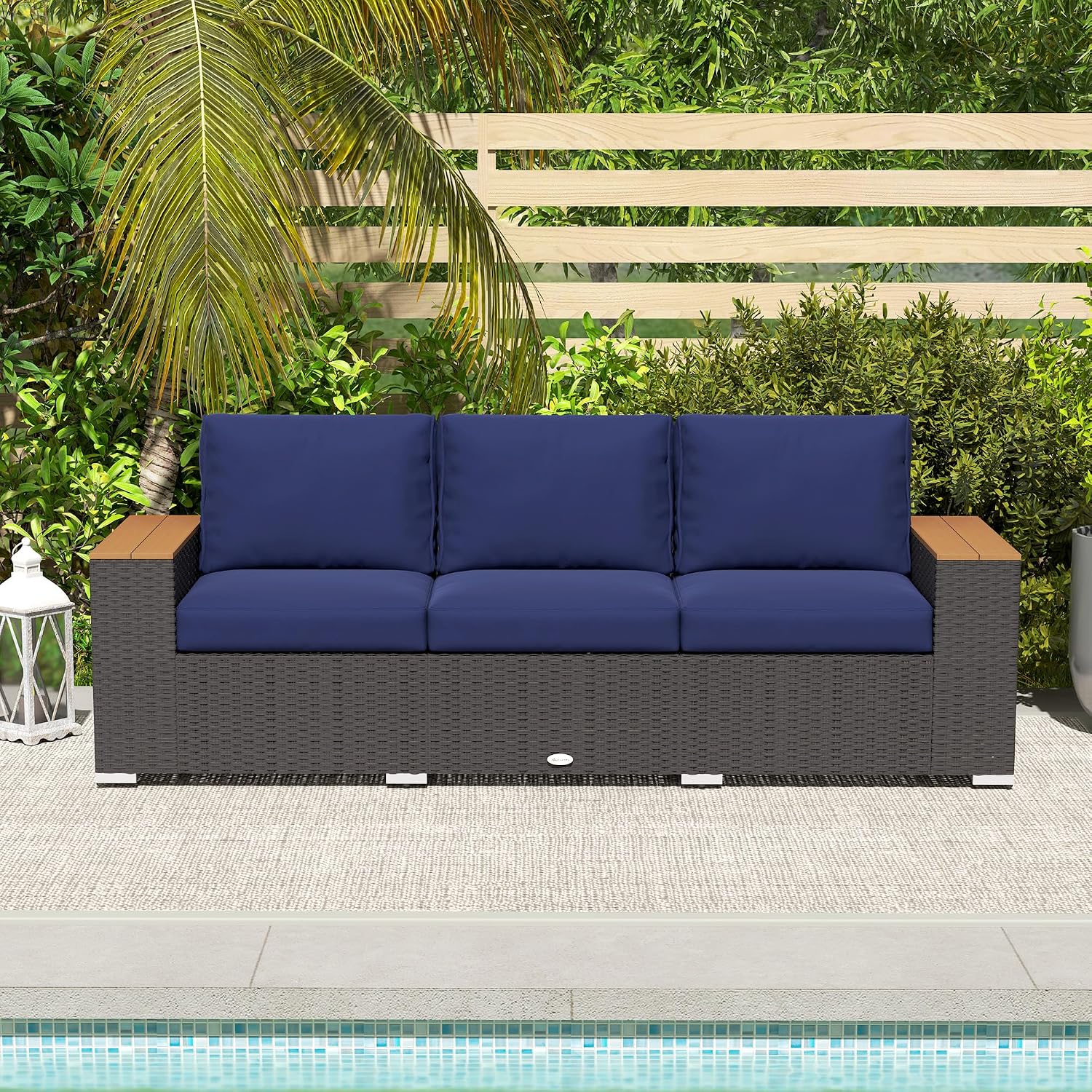 Outsunny 3-Seat Outdoor Patio Sofa with 24.5' Extra Wide Deep Seats, PE Wicker Sofa with Wide Wood Effect Armrests and 4' Cushions, Rattan Outdoor Couch for Porch, Garden, Poolside, Navy Blue