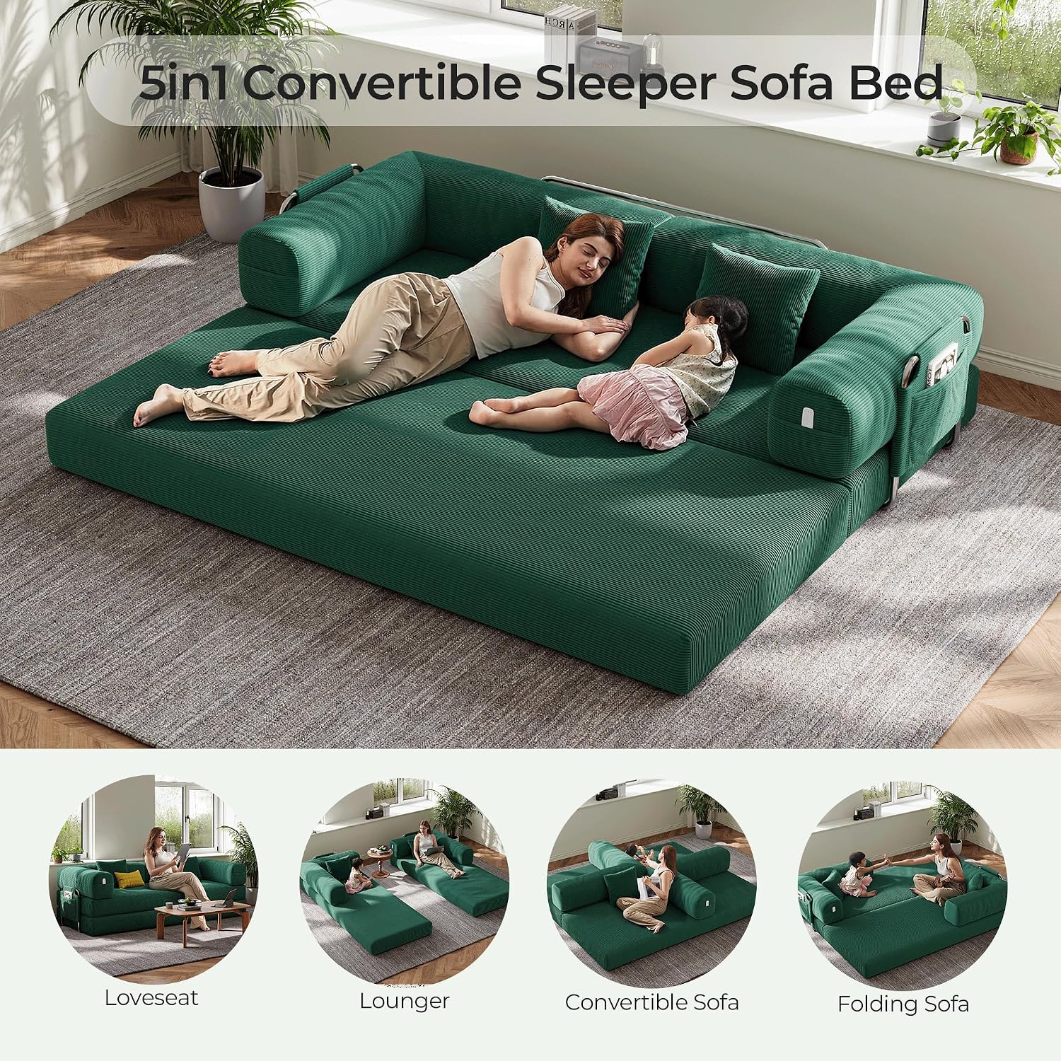 5-in-1 Folding Convertible Sofa Bed, Loveseat Sleeper with Pull-Out Bed, Floor Sofa Modular Futon Couch, 79' Oversized Corduroy Upholstered Boneless Couch for Living Room, Bedroom, Lounge, Green-A