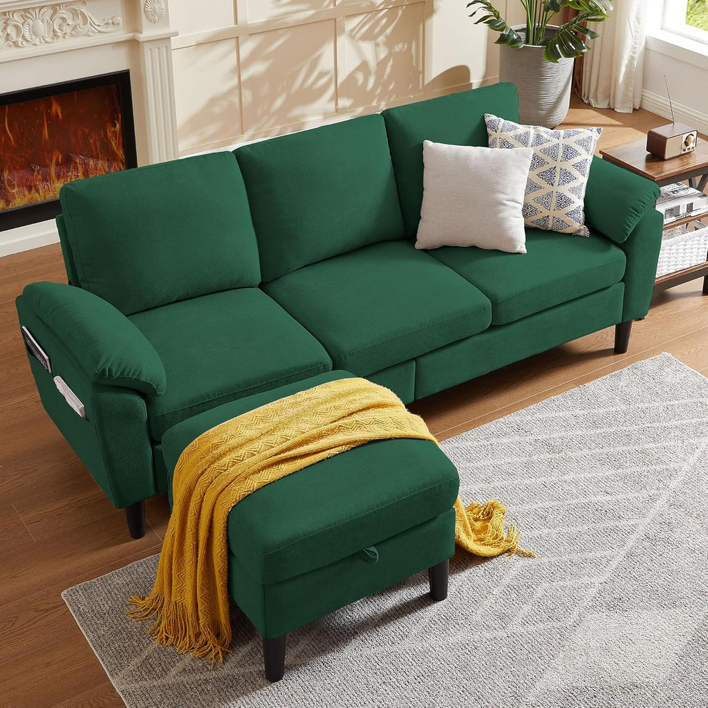 80' Convertible Sectional Sofa, Small L Shaped 3 Seat Couch with Reversible Storage Chaise, Modern Polyester Fabric Sofa Couches for Living Room, Apartment and Small Space, Green