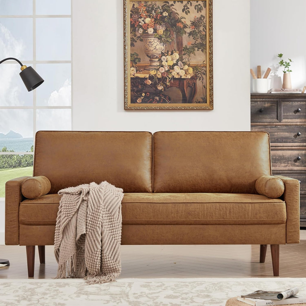 HIFIT 58' Loveseat Sofa Couch, Mid Century Modern Faux Leather Couch with Hand-Sewn Deep Love Seat & 2Pillows, Home Sofa Living Room Small Couches for Small Space,Bedroom,Office,Solid Wood Frame,Brown