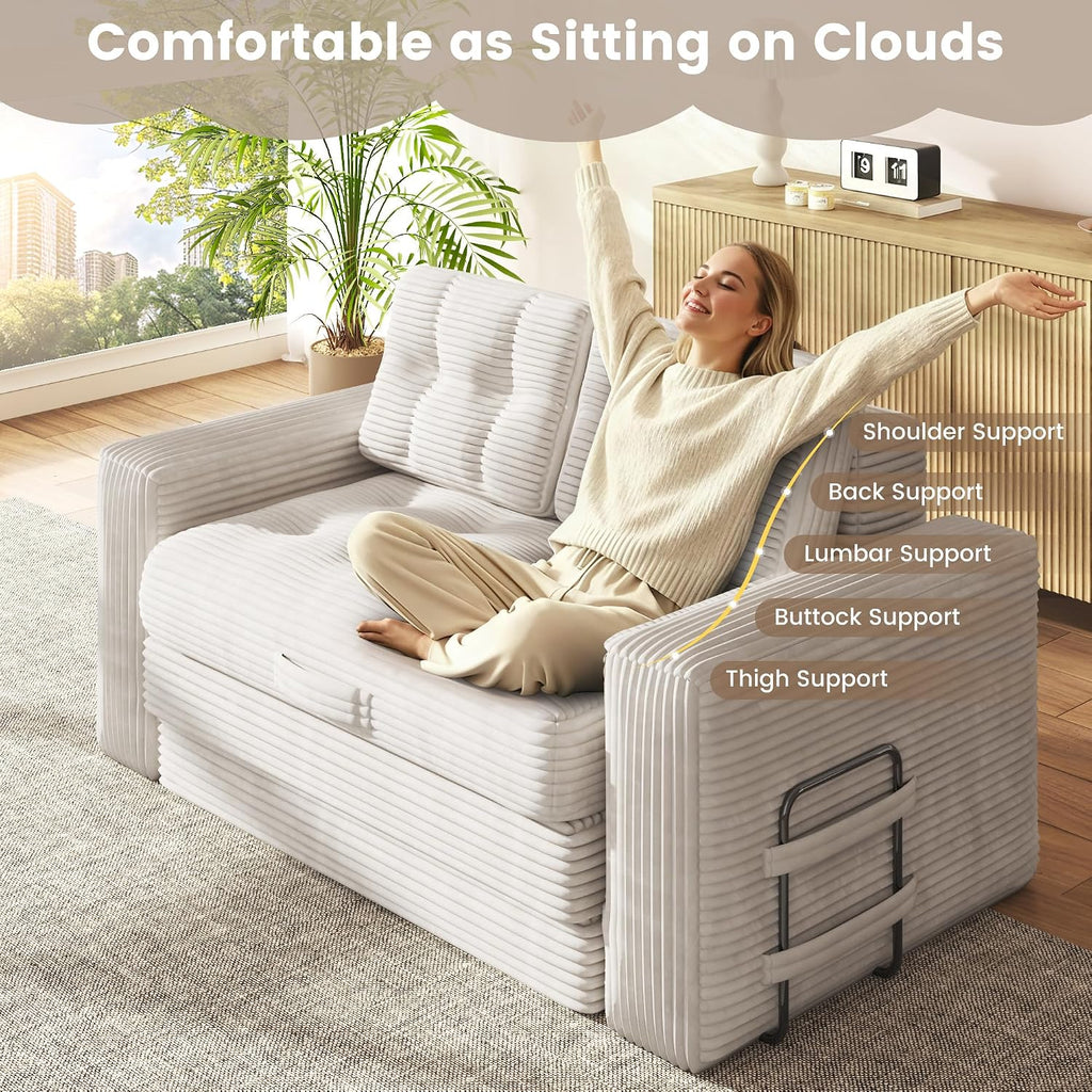 Convertible Sofa Bed, 2 in 1 Boneless Couch Bed with 2 Pillows, Corduroy Pull out Couch Folding Sofa Bed with Deep Seat, Small Loveseat Sleeper Sofa Bed in a Box for Small Spaces, No Assembly Needed