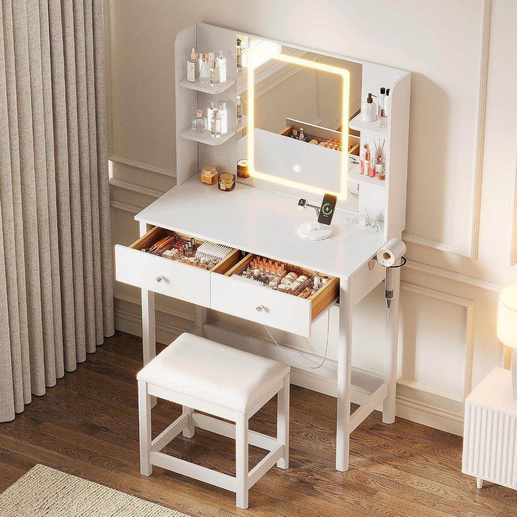 Vanity Desk with Mirror and LED Lights, Small Makeup Vanity Table Set with Drawers and Chair, Dressing Table with Power Outlet for Girls Bedroom, White