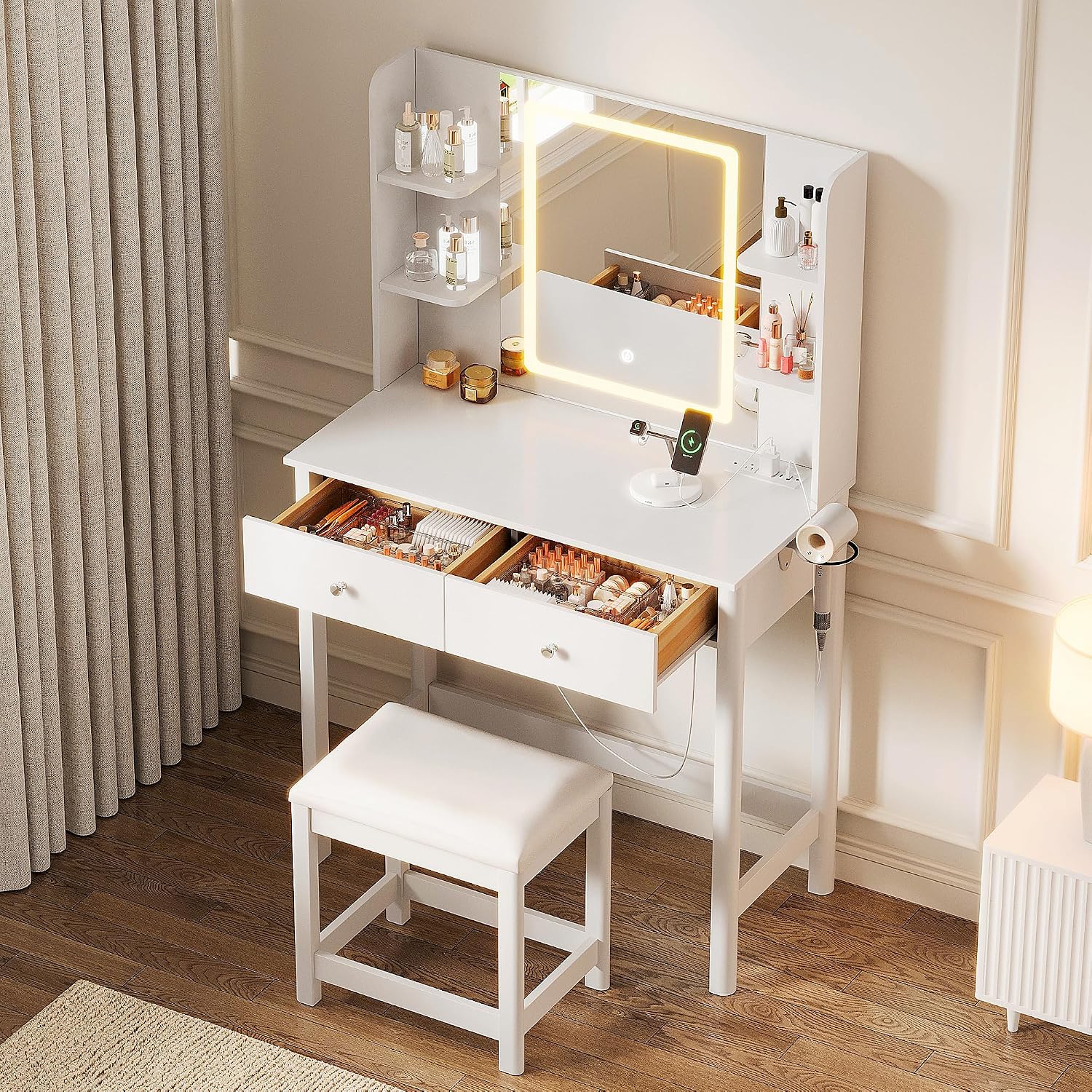 Vanity Desk with Mirror and LED Lights, Small Makeup Vanity Table Set with Drawers and Chair, Dressing Table with Power Outlet for Girls Bedroom, White
