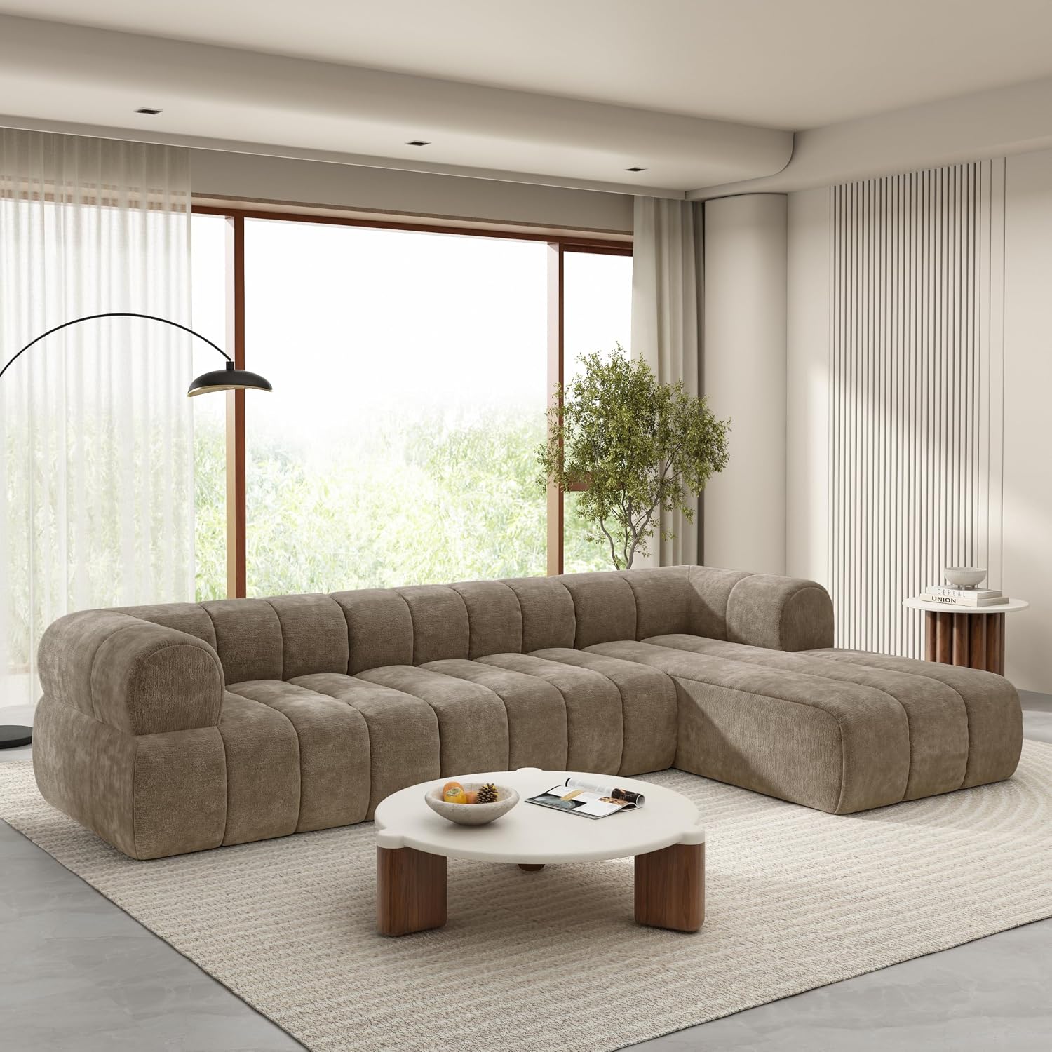 Christopher Knight Home Mania 122' Modular L-Shape Sofa Couch with Chaise Lounge, Modern Sectional Sofa Set for Living Room, Boucle Fabric Upholstered Cloud Couch with Deep Seat, Brown
