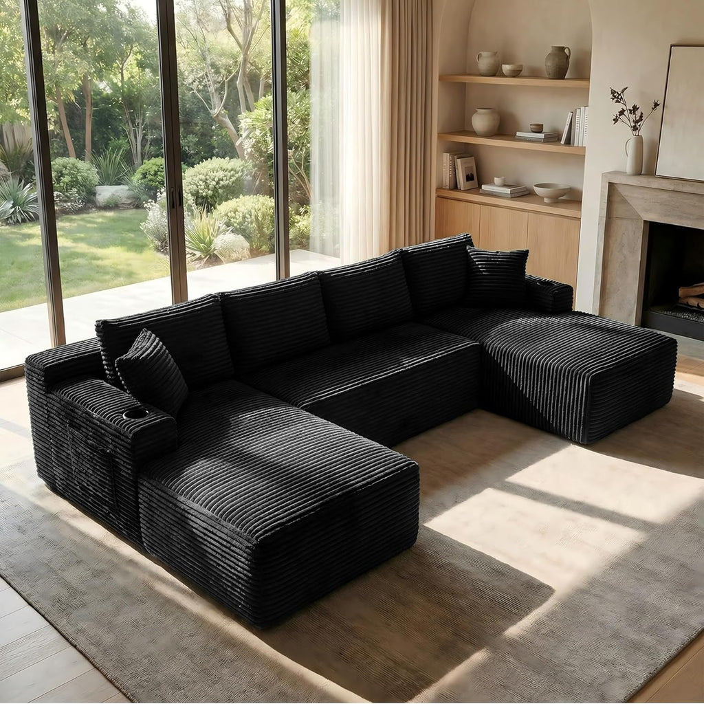 125 Inch Modular Sectional Sofa, Cloud Couch Oversized U Shaped Corduroy Sofa with Storage & Cupholders, Modern Deep Seat Boneless Couches for Living Room, No Assembly Required, Black