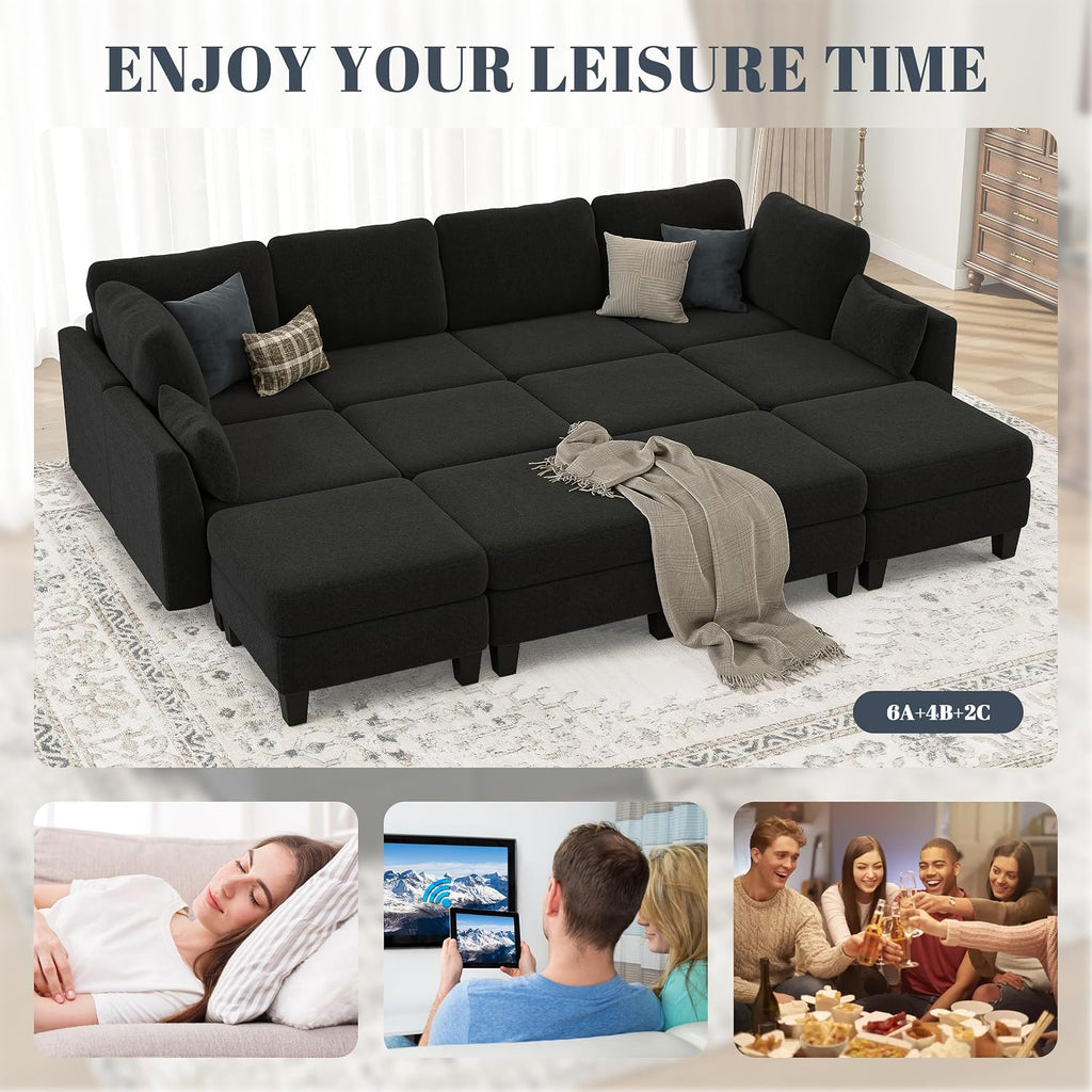 Sectional Sleeper Sofa, 6 Seaters Modular Sleeper Sofa Couch, Comfy Sectionals Couches Bed, Convertible Sofas with Ottomans, Modular Sectional Couches for Living Room, Black