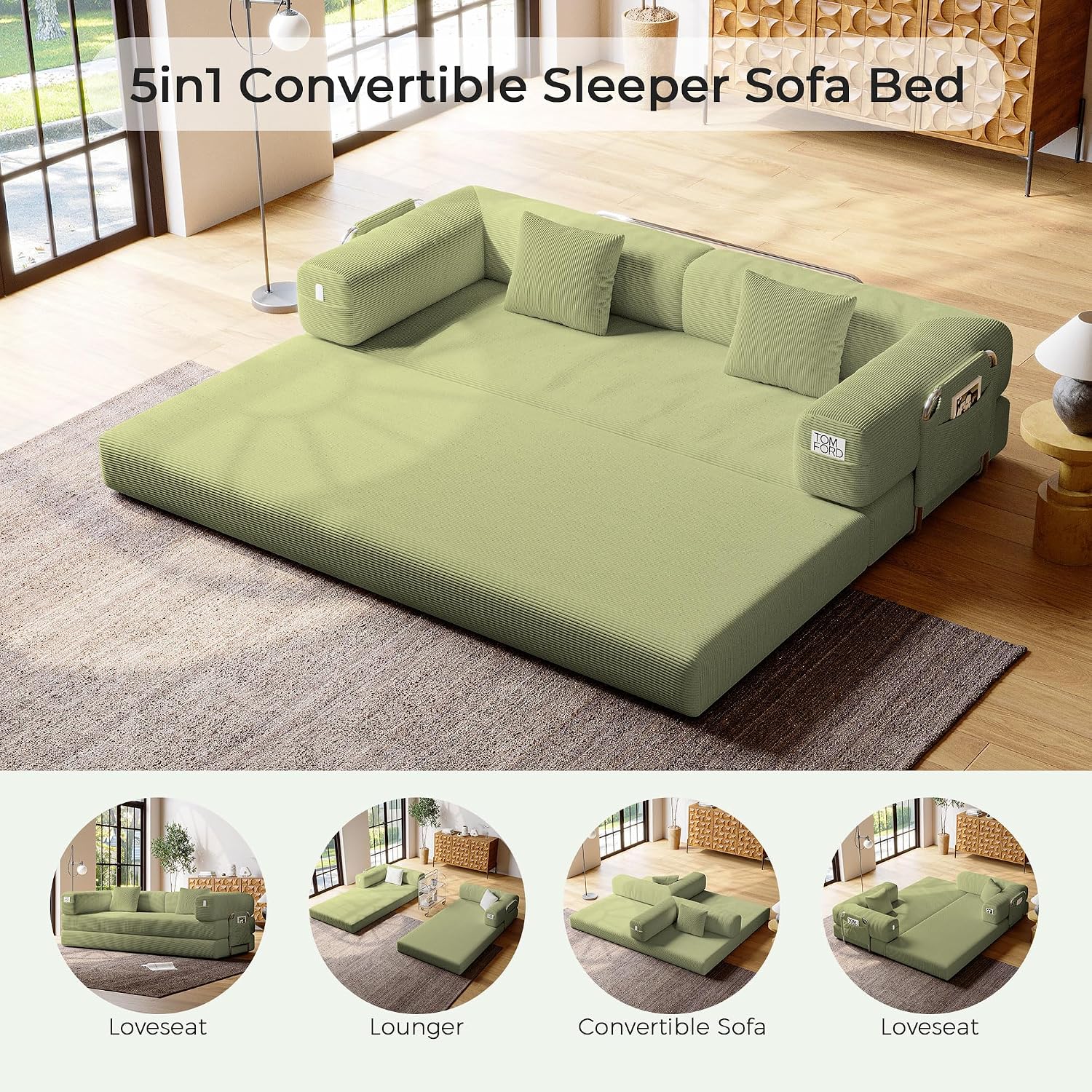 5-in-1 Folding Convertible Sofa Bed, Loveseat Sleeper with Pull-Out Bed, Floor Sofa Modular Futon Couch, 79' Oversized Corduroy Upholstered Boneless Couch for Living Room, Bedroom, Lounge, A-Green